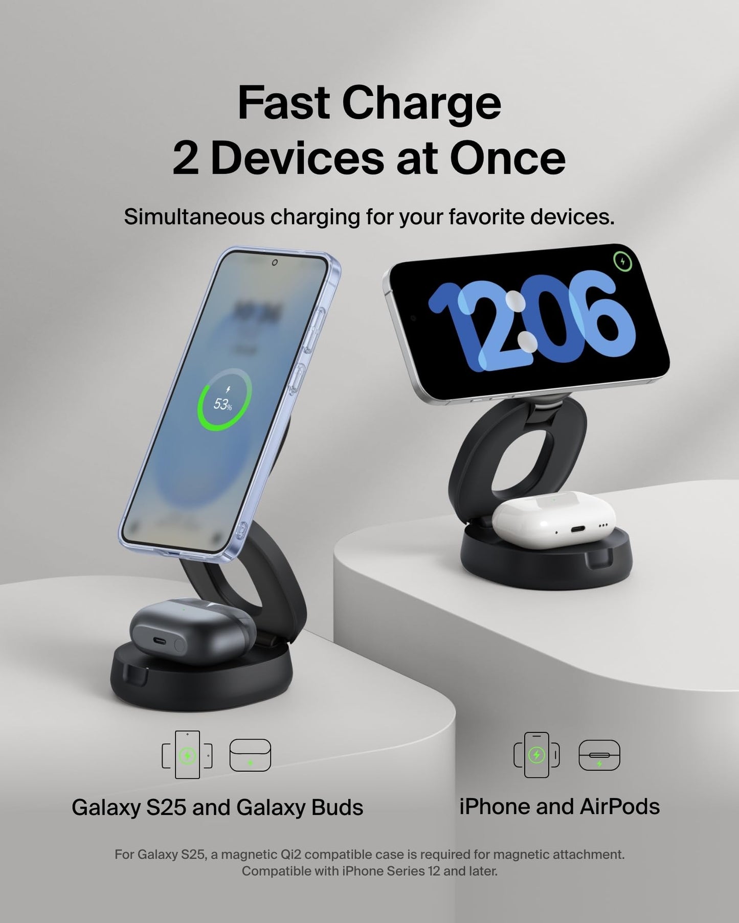 Belkin MagSafe Charger Compatible, 2-in-1 Qi2 Wireless Charging Station 15W, Convertible Charger for iPhone 17, Apple Watch, AirPods, Pixel 10
