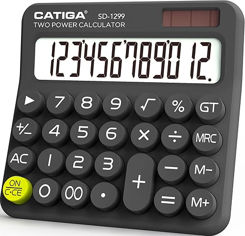 CATIGA Mechanical Switch Calculator with Solar and Battery Dual Power, 12-Digit Large LCD Display, Aesthetic and Cute Desktop Calculator with Big