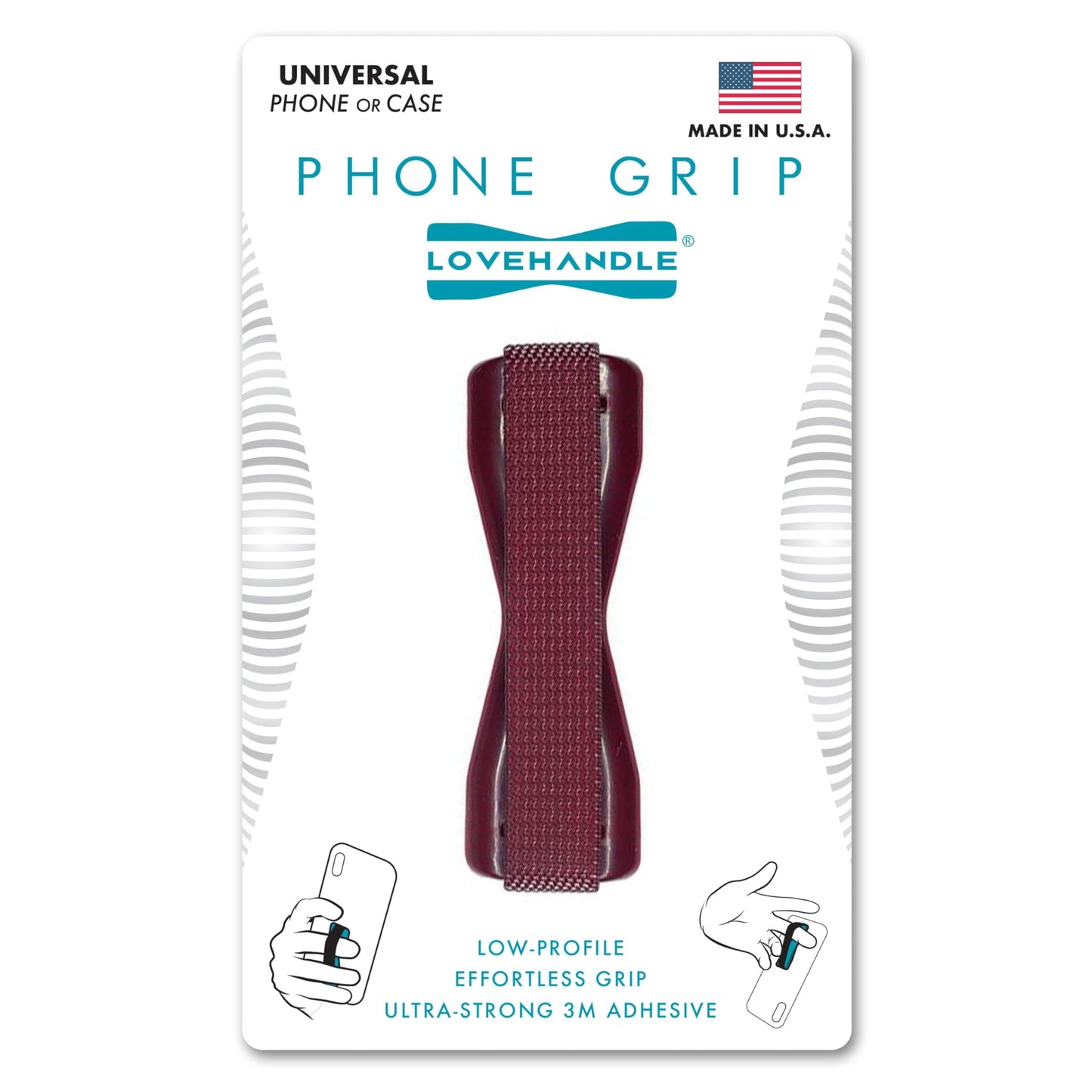 LOVEHANDLE Universal Phone Grip for Smartphones & Mini Tablets - Phone Holder for Hand - Wireless Charging Compatible - Made in the USA - Maroon