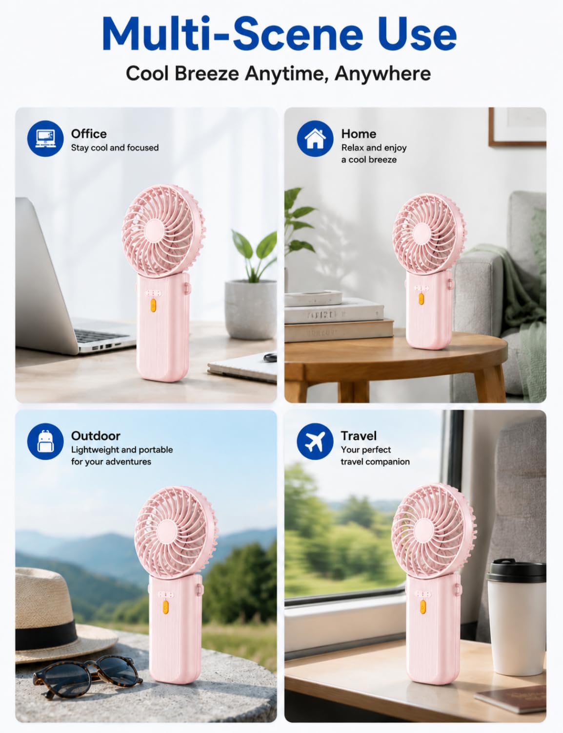 Breezefan Portable Mini Fan, Quiet Foldable Fan with Lanyard (Pink)