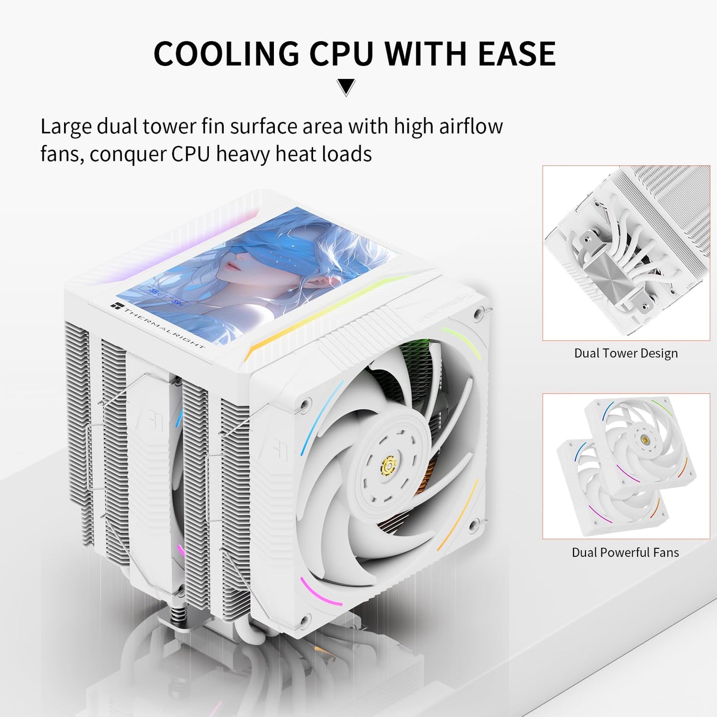 Thermalright Peerless Assassin 120 Vision MAX ARGB White CPU Air Cooler, Twin Tower Radiator 2150RPM,480x854 Resolving Power IPS Screen