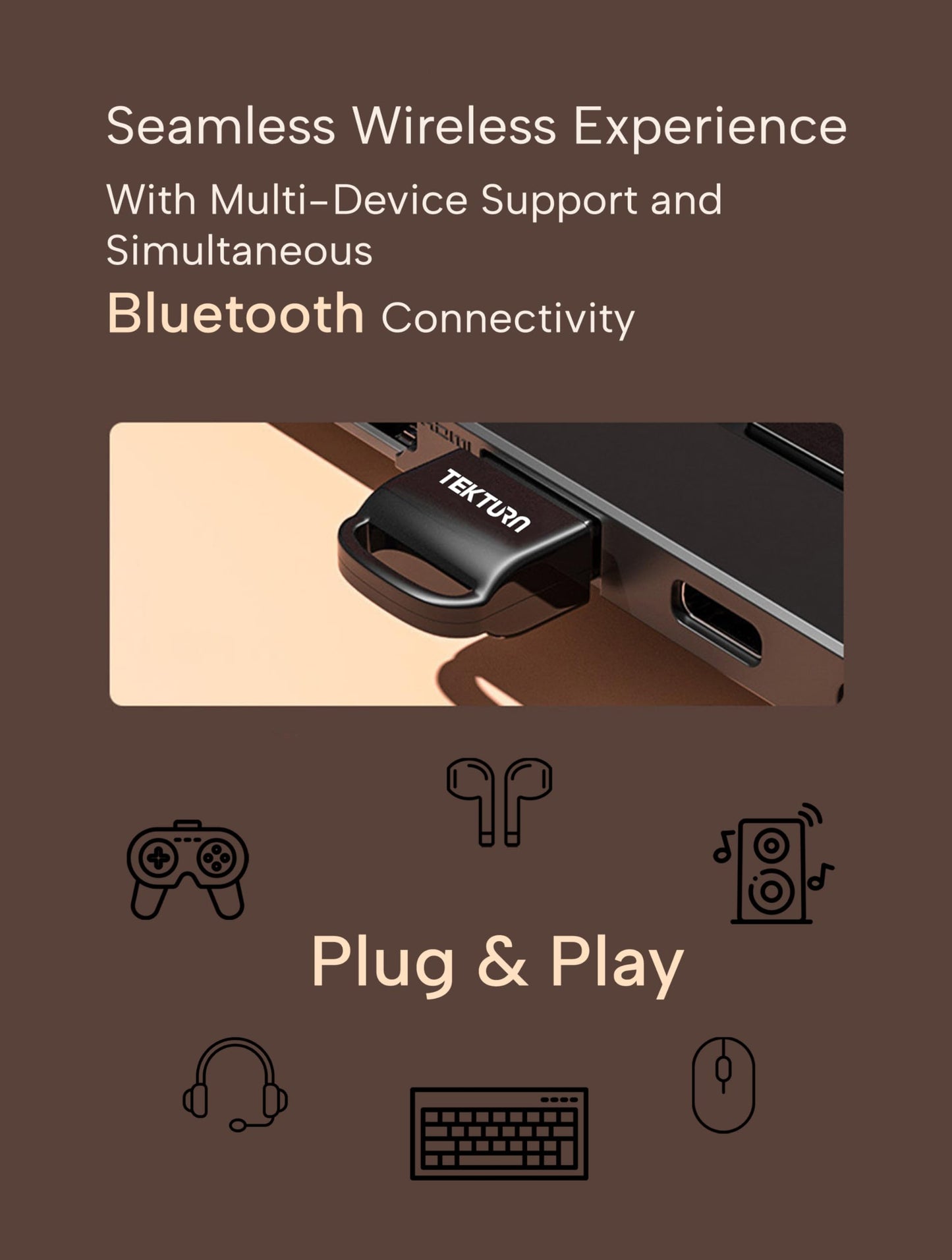 TEKTURN USB Bluetooth 5.3 Adapter: Plug-and-Play, Nano Design, EDR & BLE, Compatible with Windows 11/10/8.1/7, Desktop, Laptop, Supports Headphones