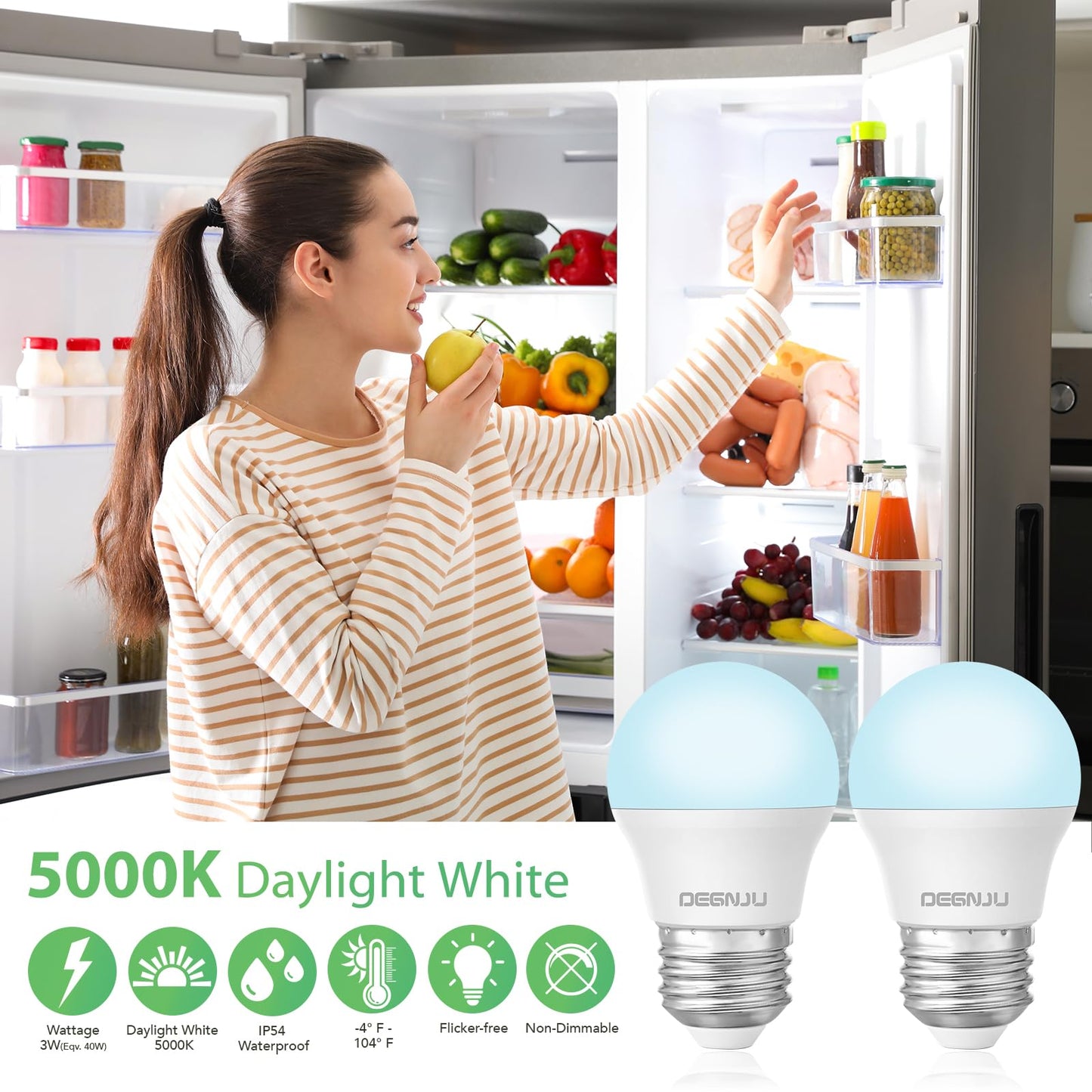 DEGNJU LED Refrigerator Light Bulb, 40 Watt Equivalent, 120V, Fridge Light Bulb 5000K Daylight White, A15 Appliance Bulb 5.5W for Freezer, 650LM, E26
