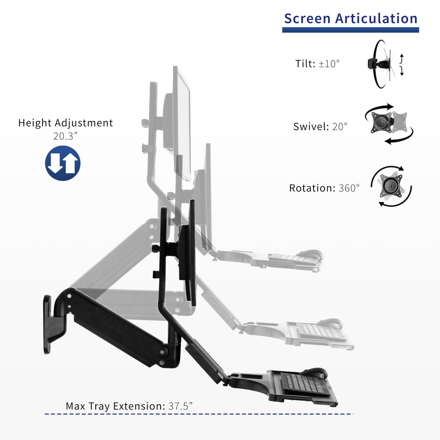 VIVO Premium Black Single Monitor and Keyboard Counterbalance Sit-Stand Wall Mount and CPU Holder, Ergonomic Standing Transition Workstation