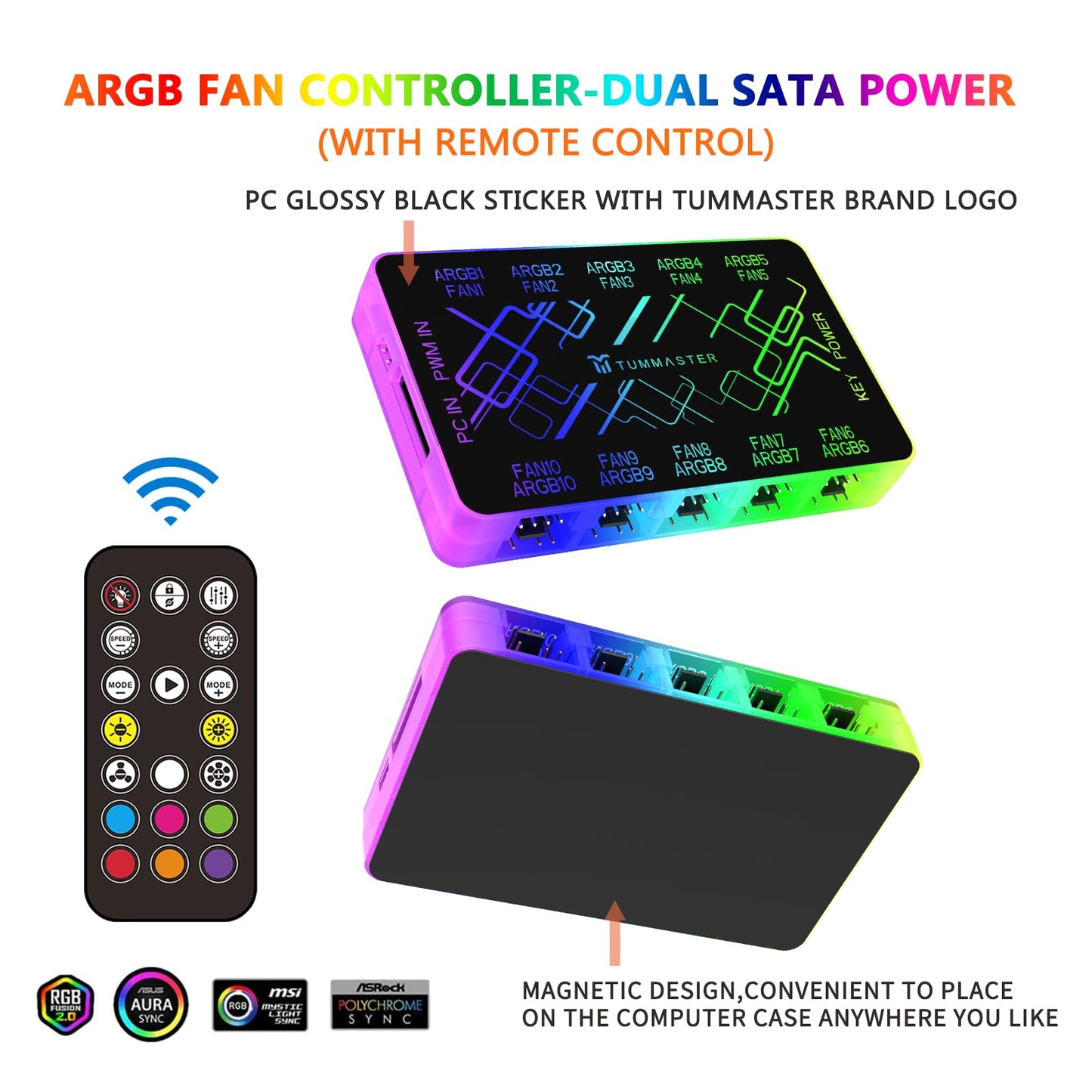 TUMMASTER ARGB Fan HUB, 9/10 Port 4 Pin PC Fan Controller, 5V-3Pin LED Hub, Magnetic Suction, SATA Power Input,RF Remote & Chassis Key