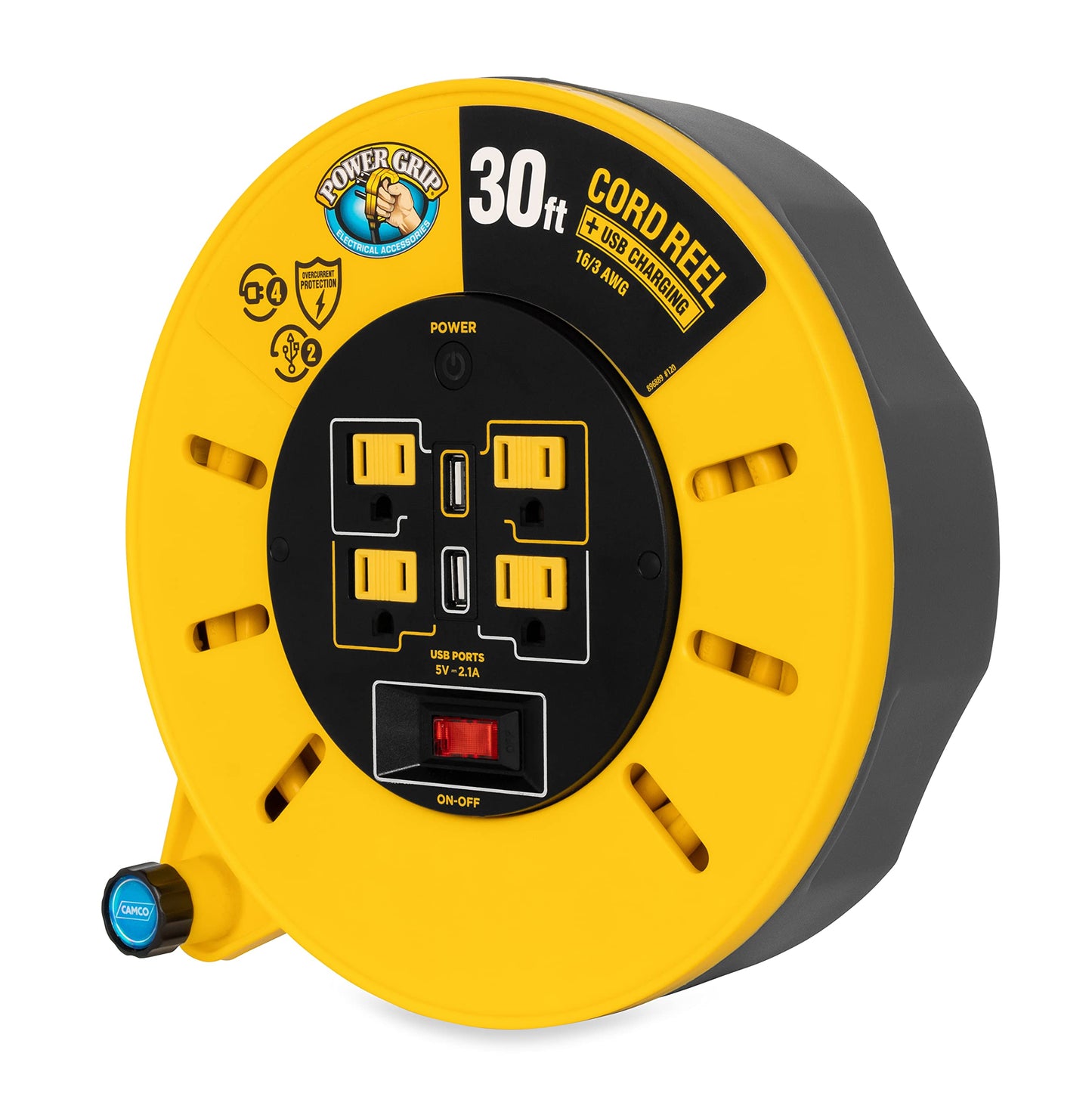 Camco 30-Ft 10 Amp RV Extension Cord Reel - Rated for 125V / 1,250W - Features 4 125V Electrical Outlets & 2 USB Ports - Includes On/Off Switch &