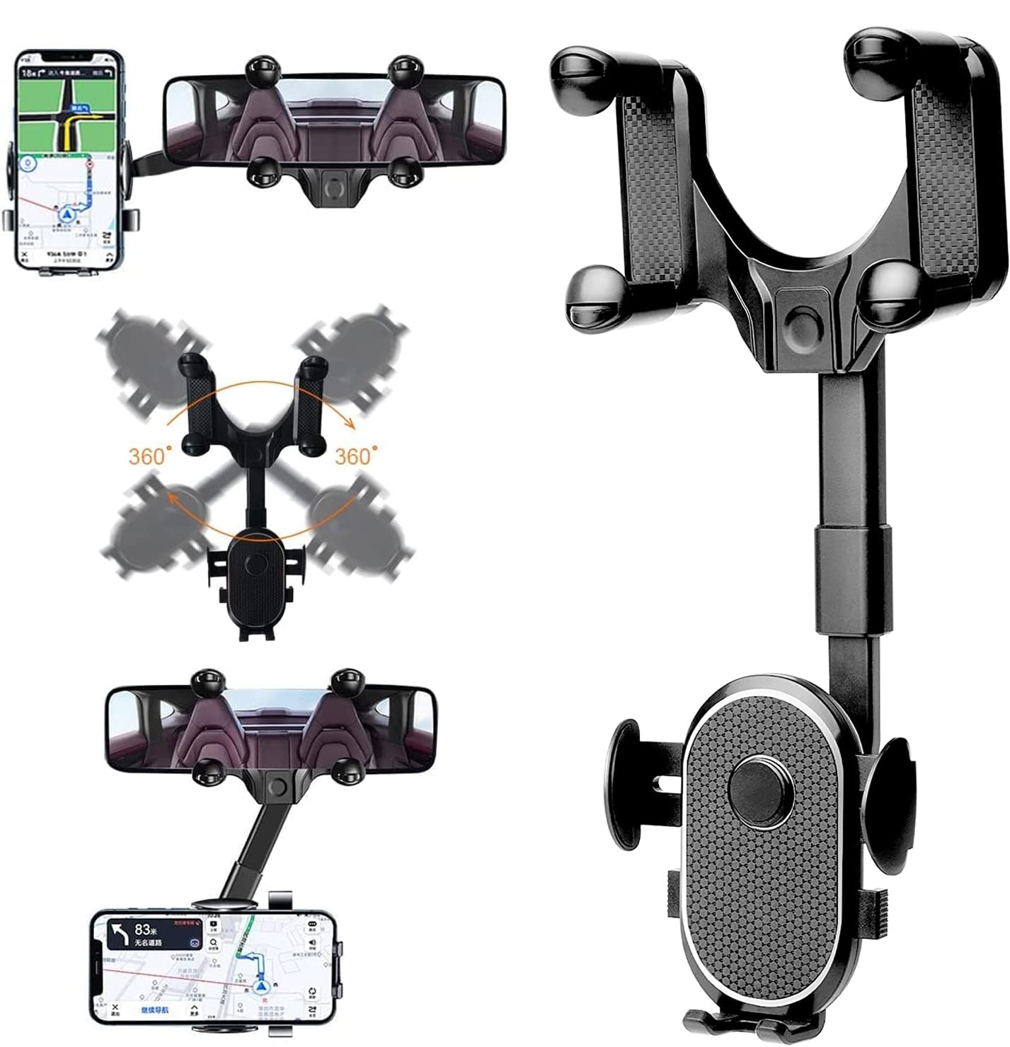 Rearview Mirror Phone Holder for Car Phone Holder Mount 360° Rotatable and Retractable ar Mount Cell Phone Holder Hand Free Cell Phone Holder for All
