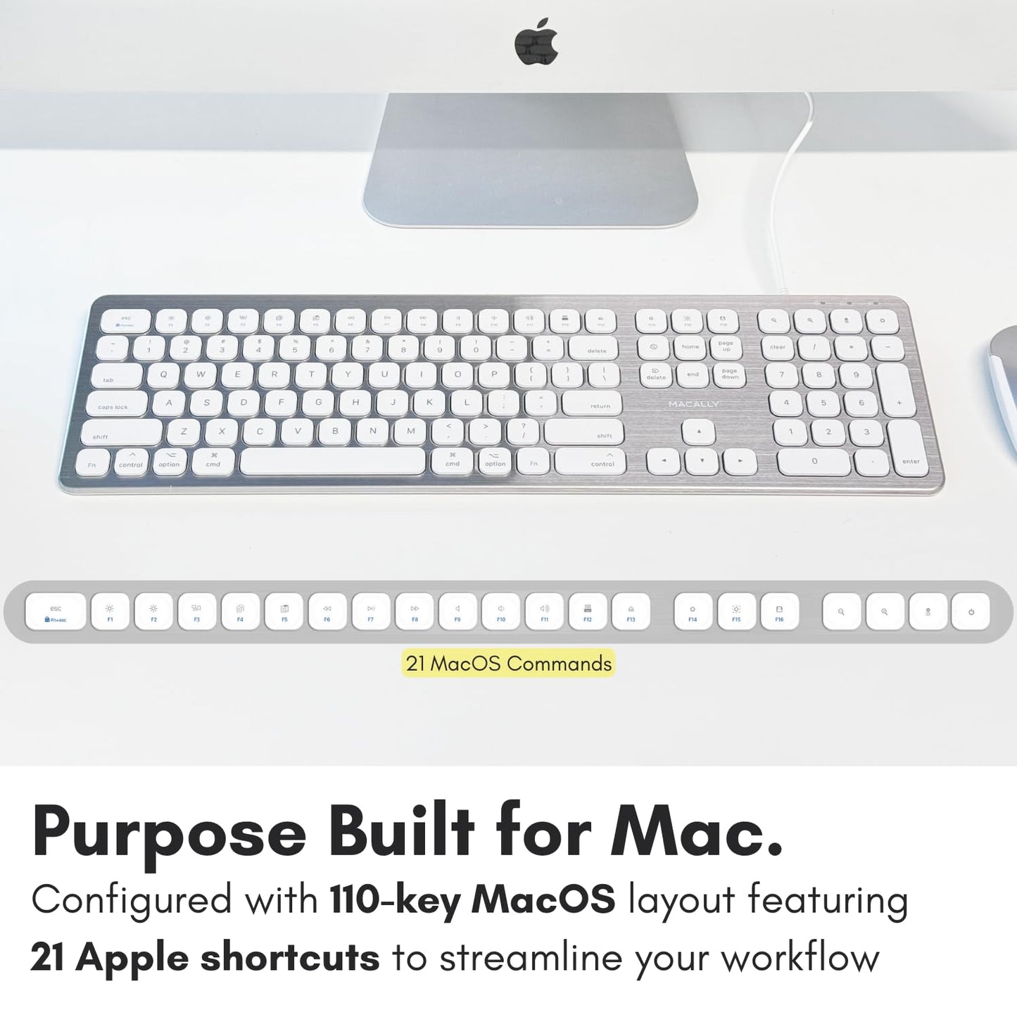 Macally Wired Keyboard for Mac with USB Ports for Mouse - Compatible Apple Keyboard for MacBook Pro/Air, iMac - Aluminum Frame