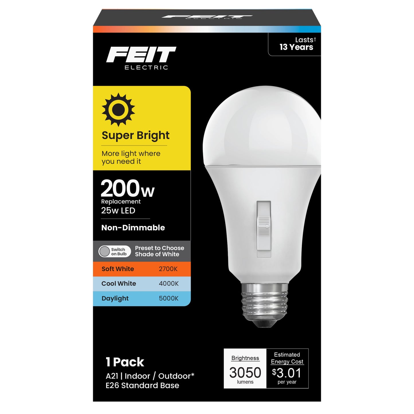 Feit Electric A21 LED Light Bulb, 200W Eq, 3CCT, E26 Base