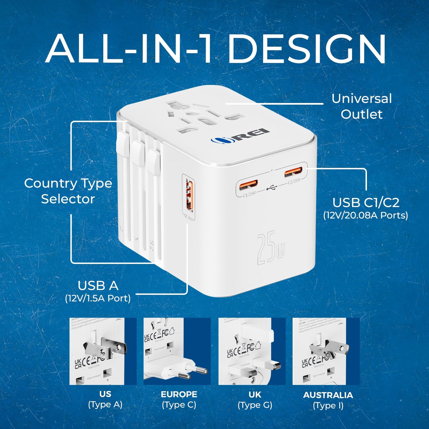 OREI World Travel Plug Adapter - 2 USB + 1 Universal Outlets - Slots for Europe, Asia, China, Japan, Africa - Perfect for Cell Phones, Tablets…
