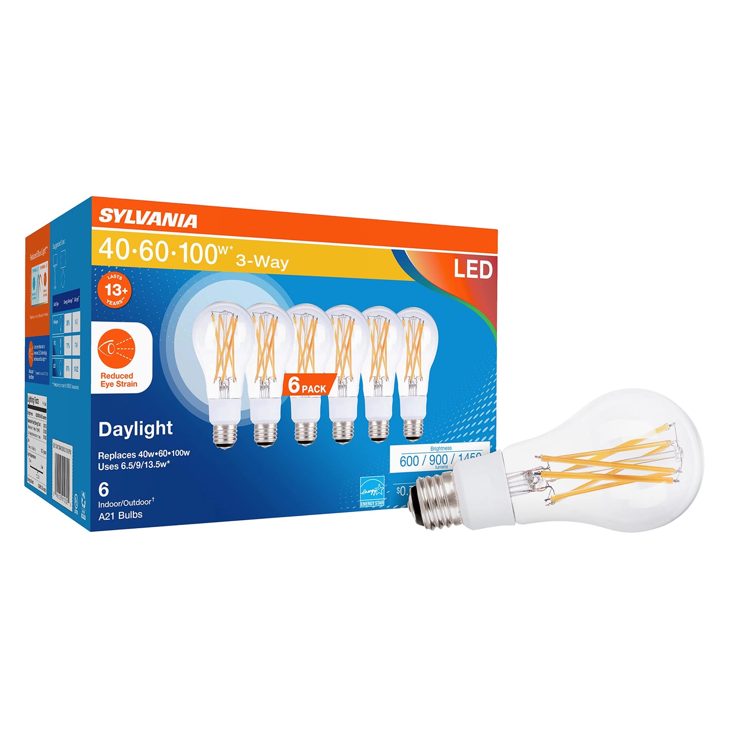 Sylvania Reduced Eye Strain A21 LED Light Bulb, 3-Way 40W / 60W / 100W, 13 Year, Dimmable, Clear, 5000K, Daylight - 6 Pack (41232)