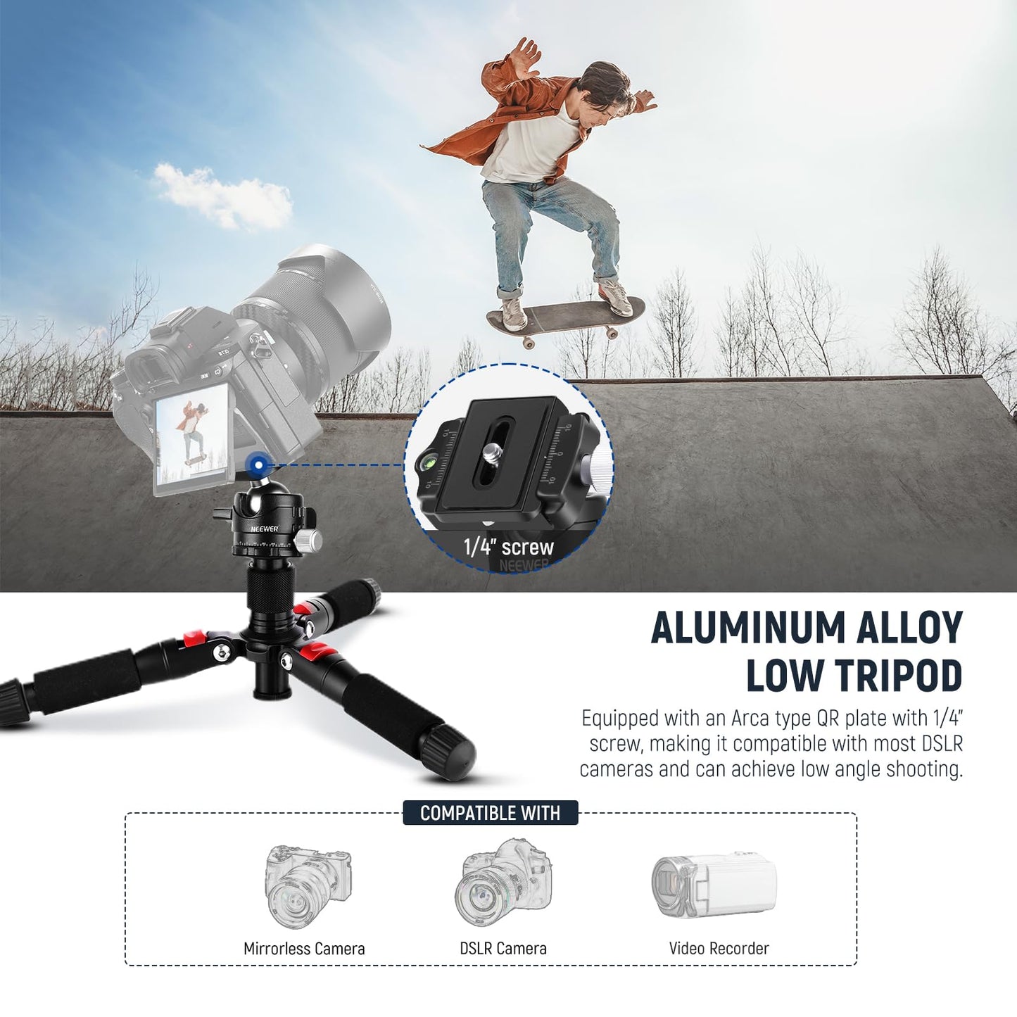 NEEWER Mini Desk Camera Tripod with Cell Phone Holder Compatible with iPhone for Video Recording Filming, 20"/50cm Small Portable DSLR Camcorder