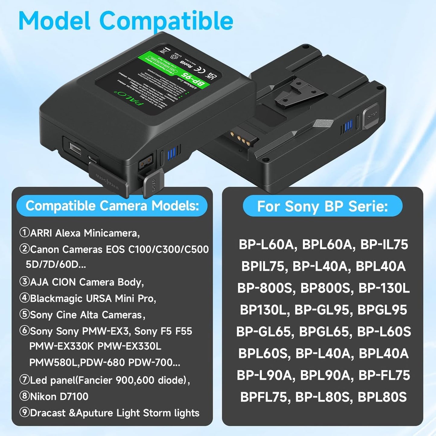 Palogreen V Mount Battery 95Wh 14.8V 6600mAh Rechargeable Battery Fasting Charging for Broadcast Video Camcorder, Compatible with Sony HDCAM, XDCAM
