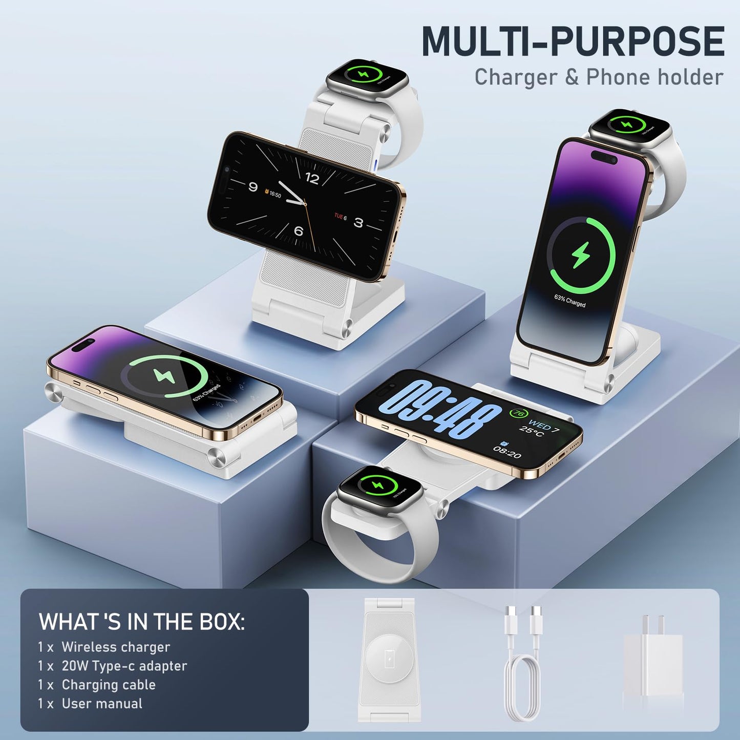 Magnetic Wireless Charger Stand, 3 in 1 Foldable Wireless Charging Station with 20W Adapter, Travel Charger for Multiple Devices for iPhone 16 15 14