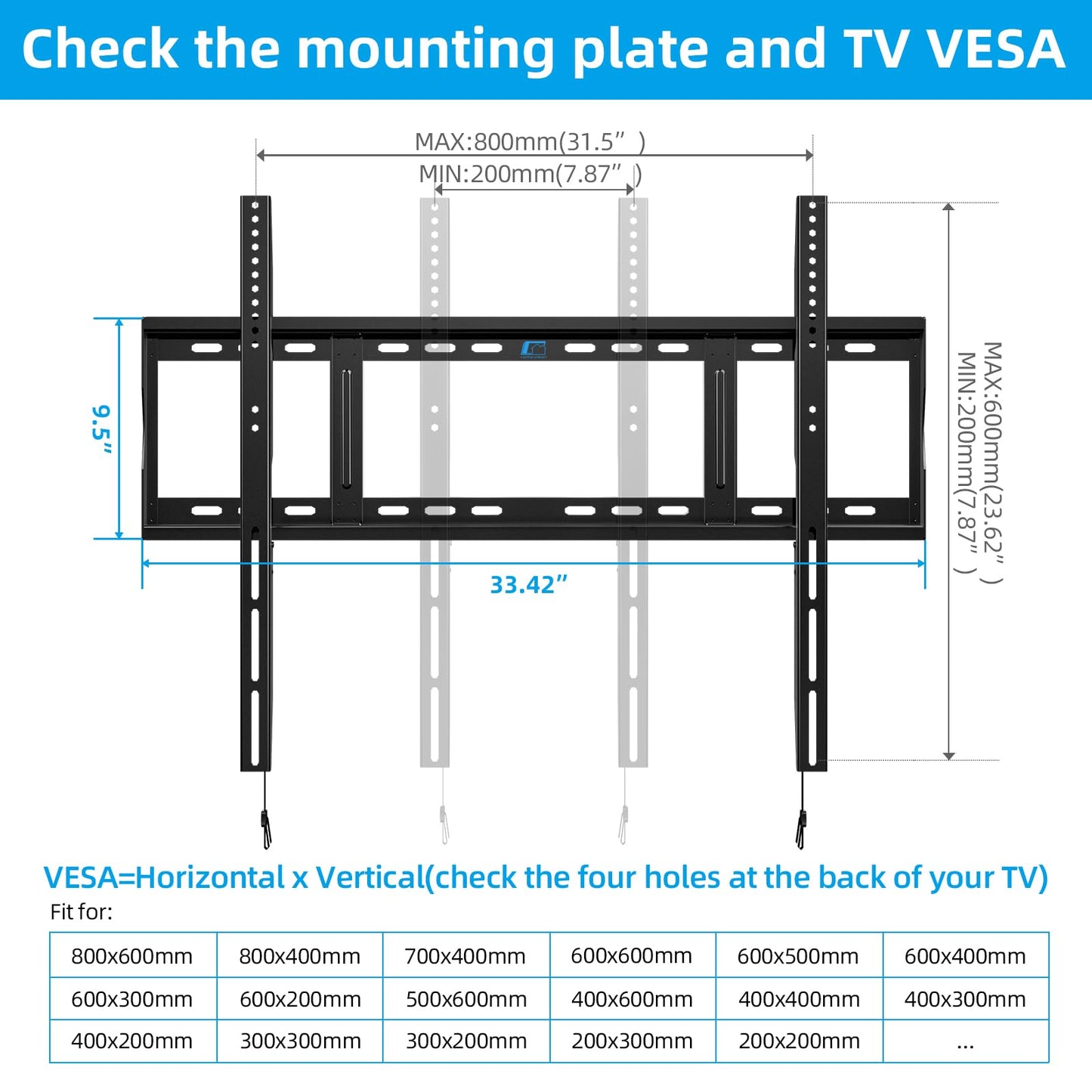 HOME VISION Heavy Duty Fixed TV Wall Mount Bracket for 48-120 Inch Extra Large Flat Screen Smart TVs, 264 Lbs Capacity, Max VESA 800x600 mm, Stud