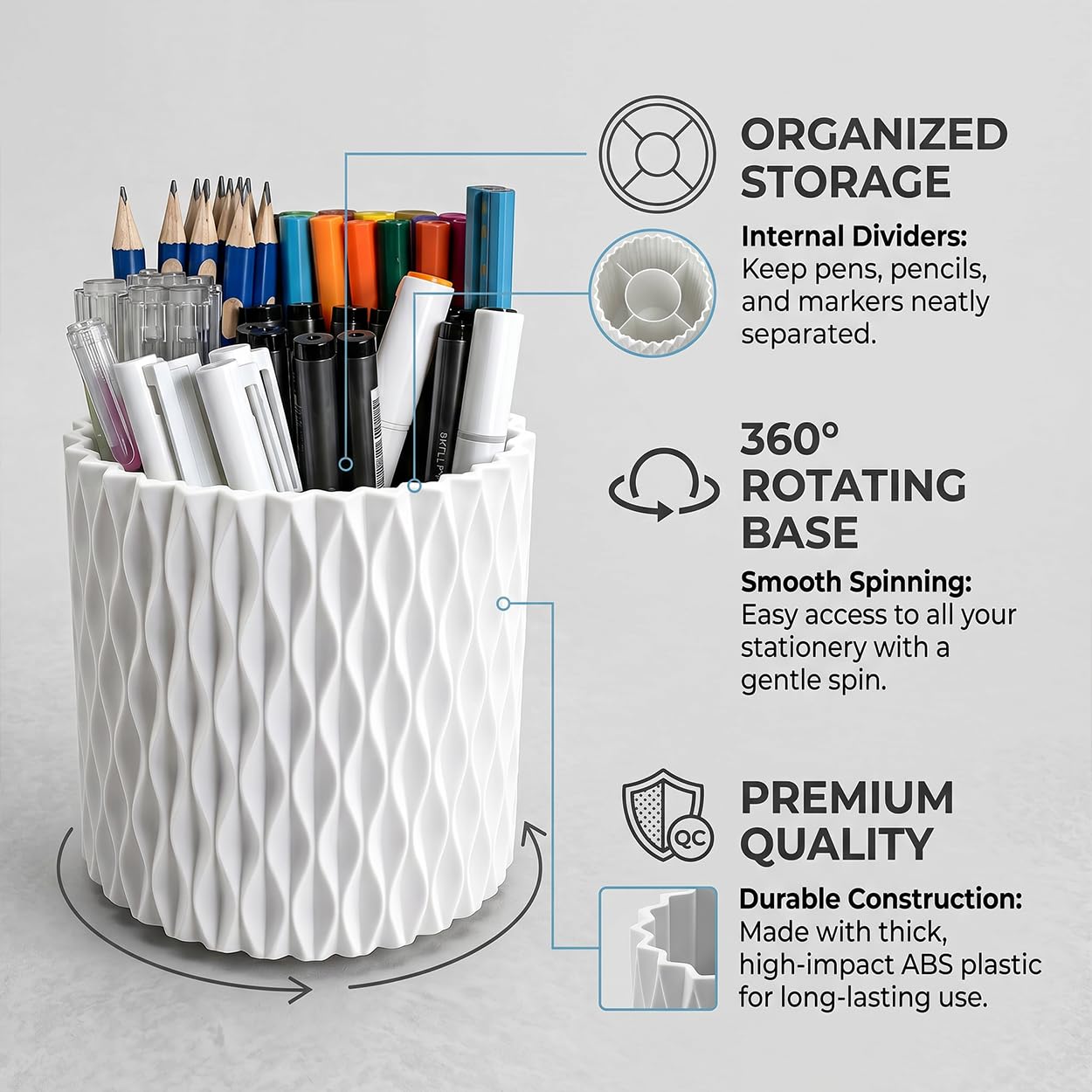 Lebenrich Rotating Pen Holder for Desk, 5 Slots Easthetic Pencil holder Desk Organizer Supplies and Accessories for Women Girls, Pencil Cup for Office