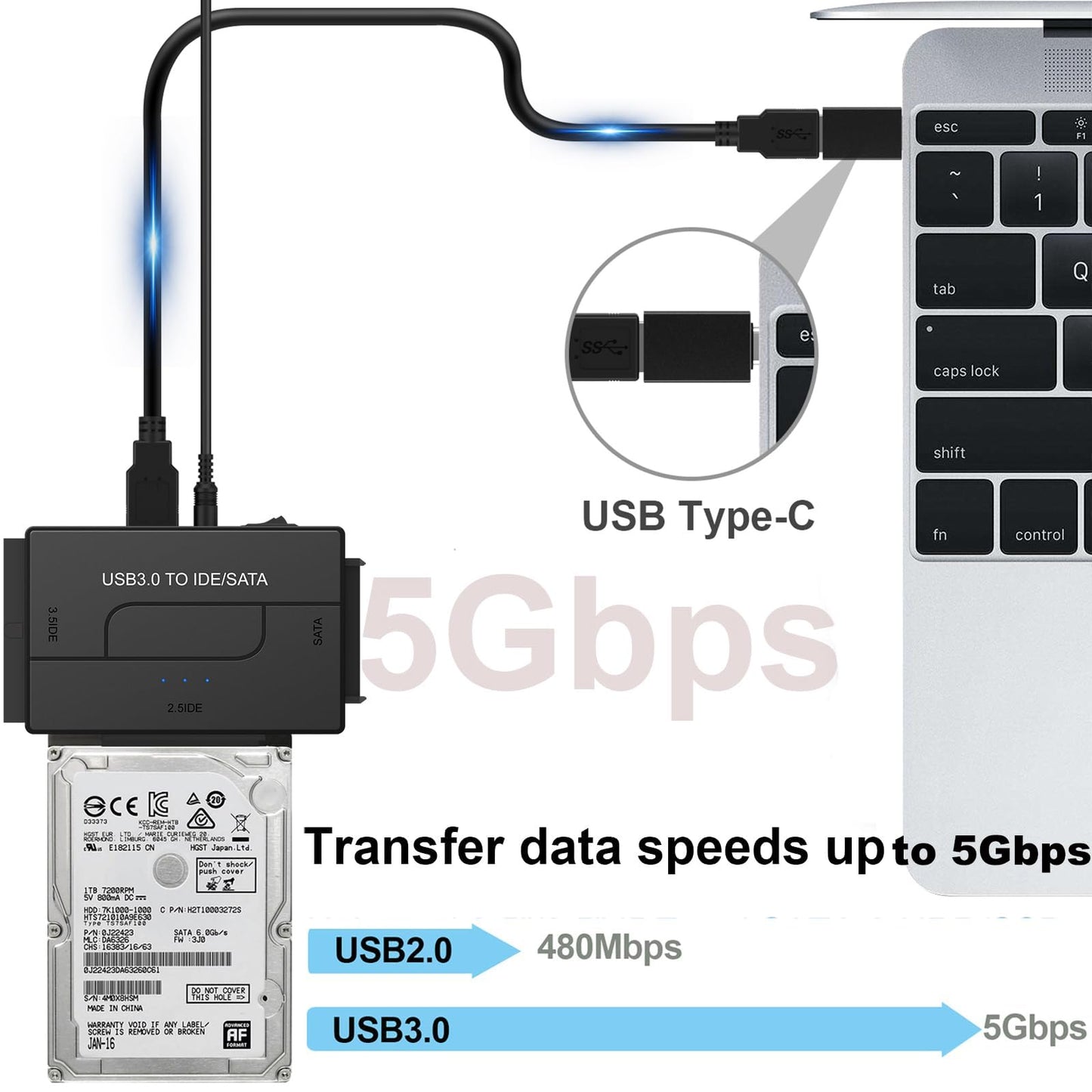 SATA IDE to USB 3.0 Adapter for 2.5/3.5 HDD/SSD Hard Drive Disk, Hard Drive Reader Ultra Recovery Conveter Cable Universal Data Transfer SATA to USB