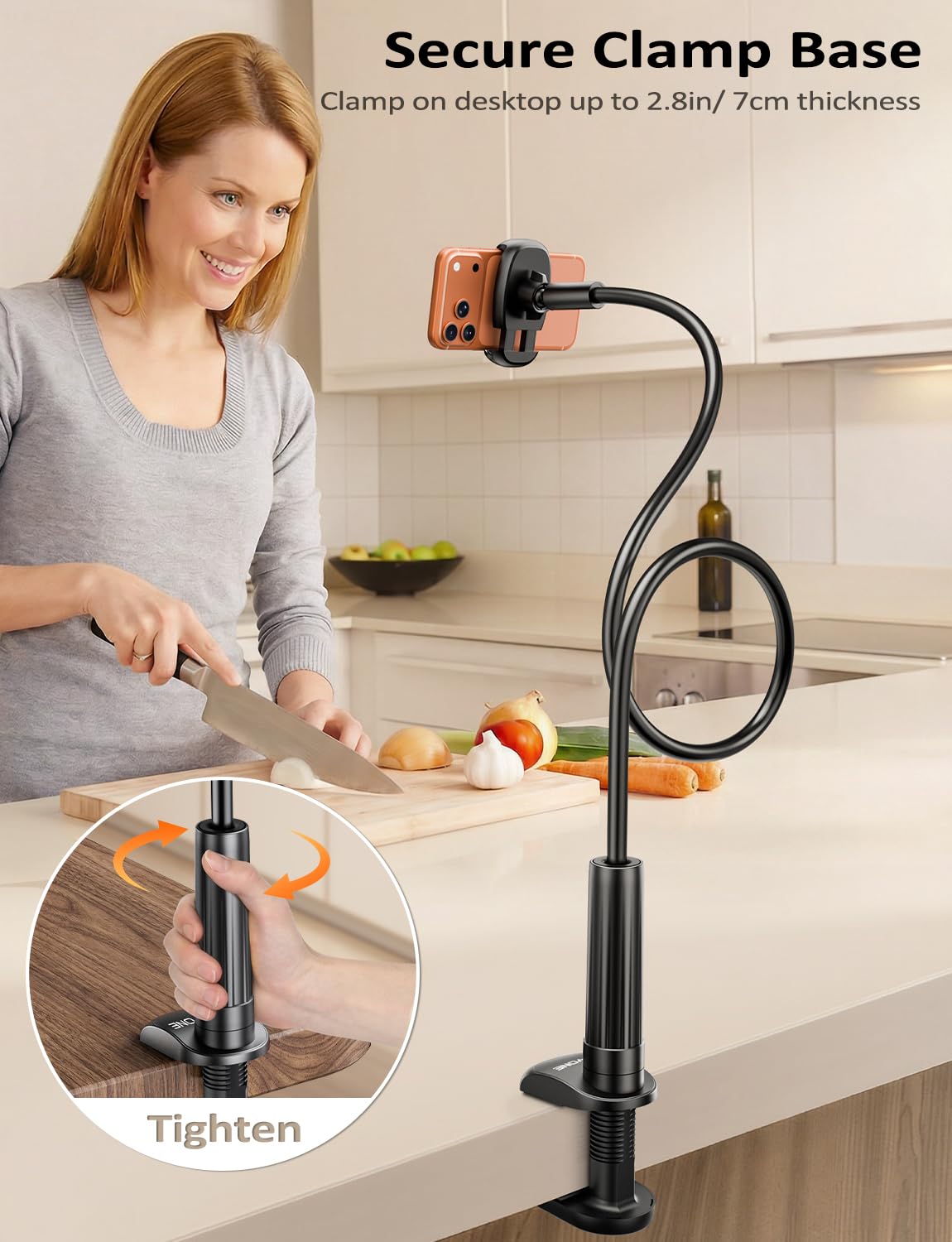 Tryone Gooseneck Phone Holder Hands-Free for Phone Viewing Or Recording, Adjustable Stable Metal Cell Stand Mount for Desk Table Bed, Soporte para