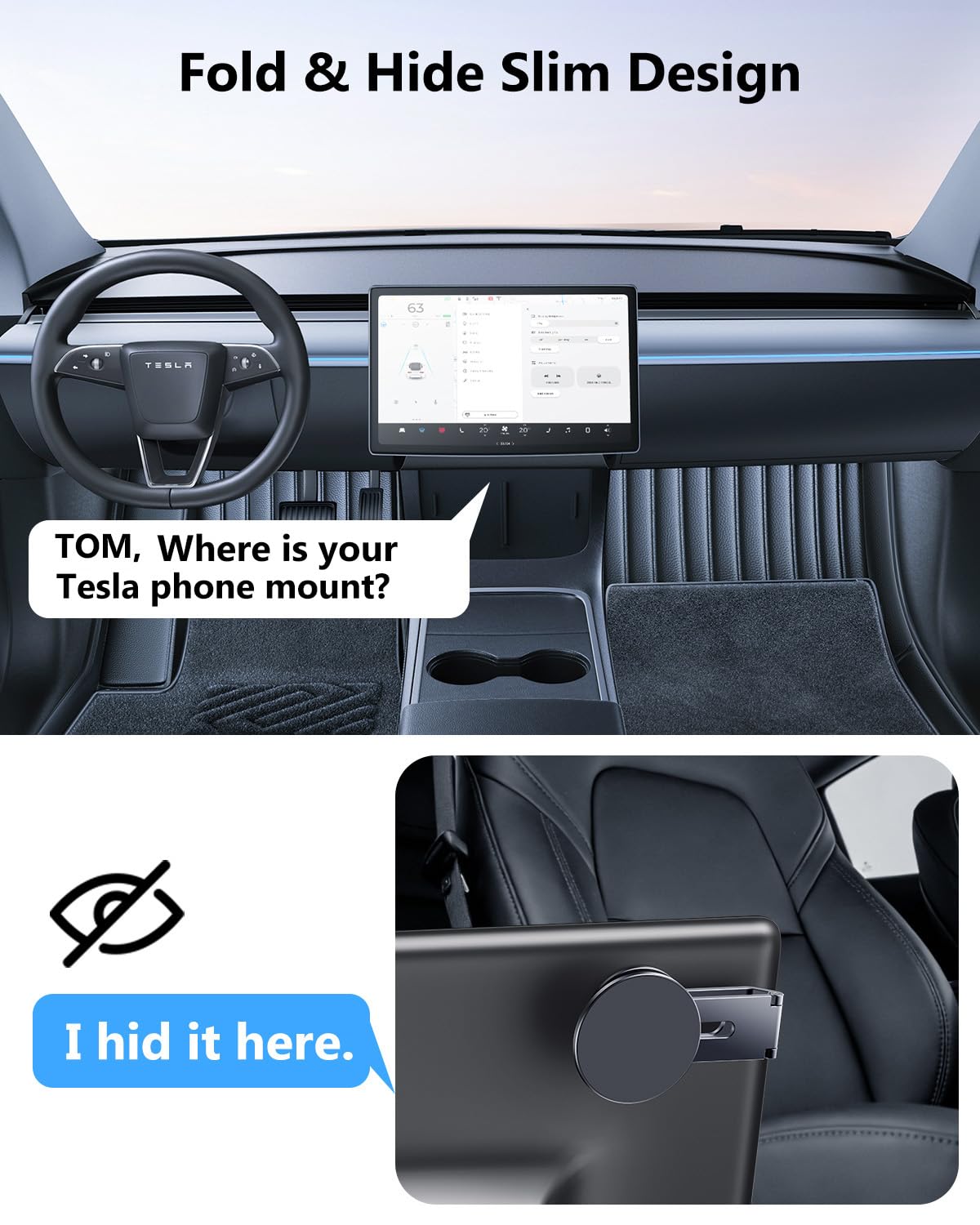 Kaisepoch Tesla Phone Mount for Magsafe: Tesla Car Phone Holder for Tesla Model 3/Y Accessories ?Strongest N52 Magnet + 360° Adjustable? Foldable