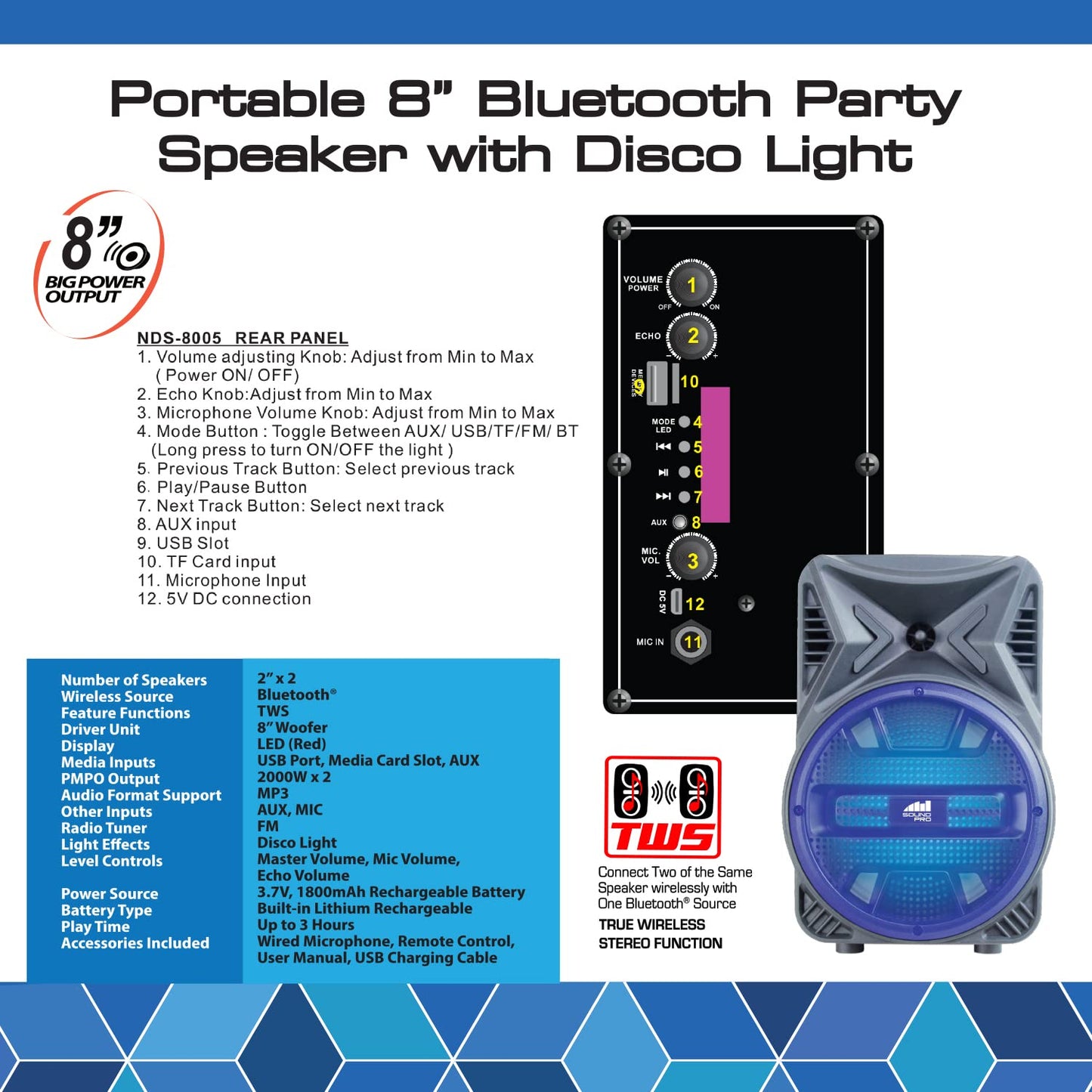 Naxa Electronics Portable Bluetooth Party Speaker with Disco Light, 8-inch, Gray