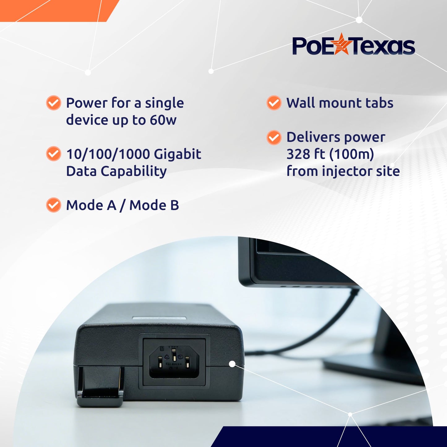 Poe Texas PoE Injector - 802.3bt PoE++ Single Port 4 Pair Power Over Ethernet Injector - 6KV Surge Protection - Active PoE Adapter 55V 60W Output