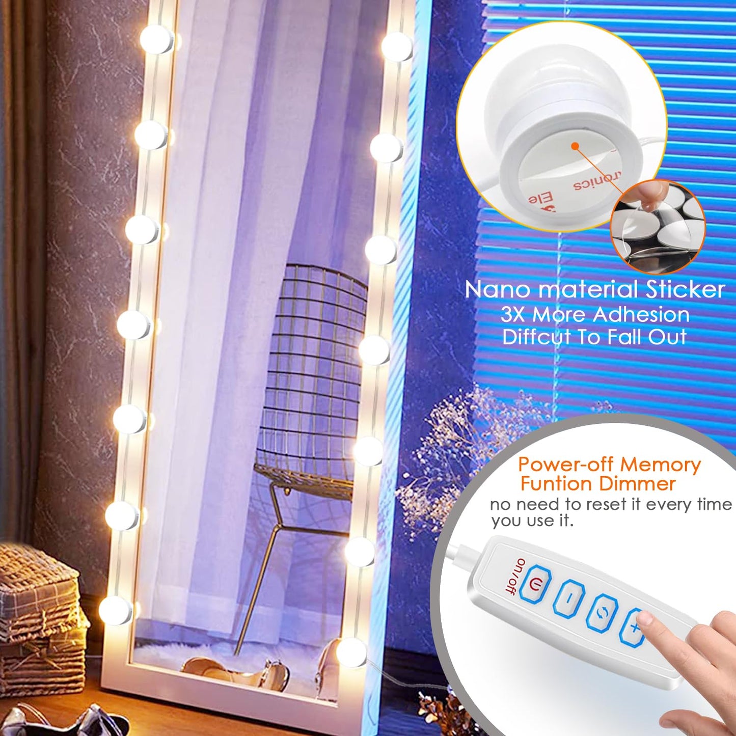 HELOIE 22.6ft Led Vanity Mirror Lights with 14 Dimmable Light Bulbs Makeup Vanity Lights for Big Long Mirror,Mirror Not Included
