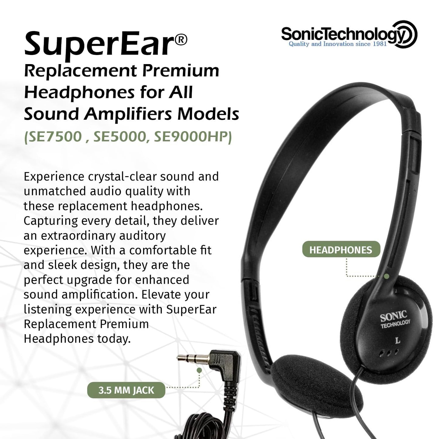 SuperEar Premium - Small Replacement Lightweight Headphones,Small, Portable and Comfortable Wired Headphones, Ideal for Pocket Talker Device and Sound