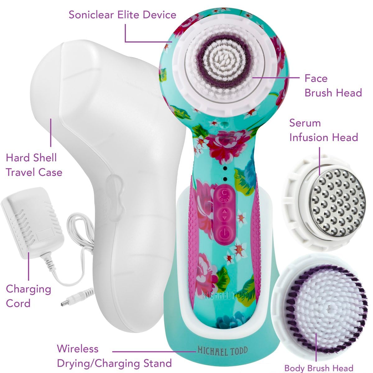 Michael Todd Beauty - Soniclear Elite - Facial Cleansing Brush System - 6-Speeds - Face Cleansing Brush & Exfoliating Body Scrubber