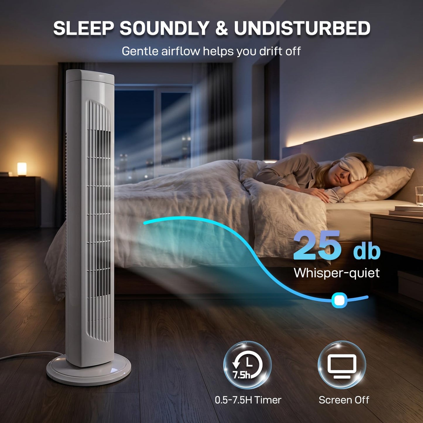myoihomora Tower Fan for Bedroom,90° Oscillating Standing Fan,Copper Motor,Touch & Remote Control,3 Speeds,3 Modes,Bladeless Room Fan for Home,Living