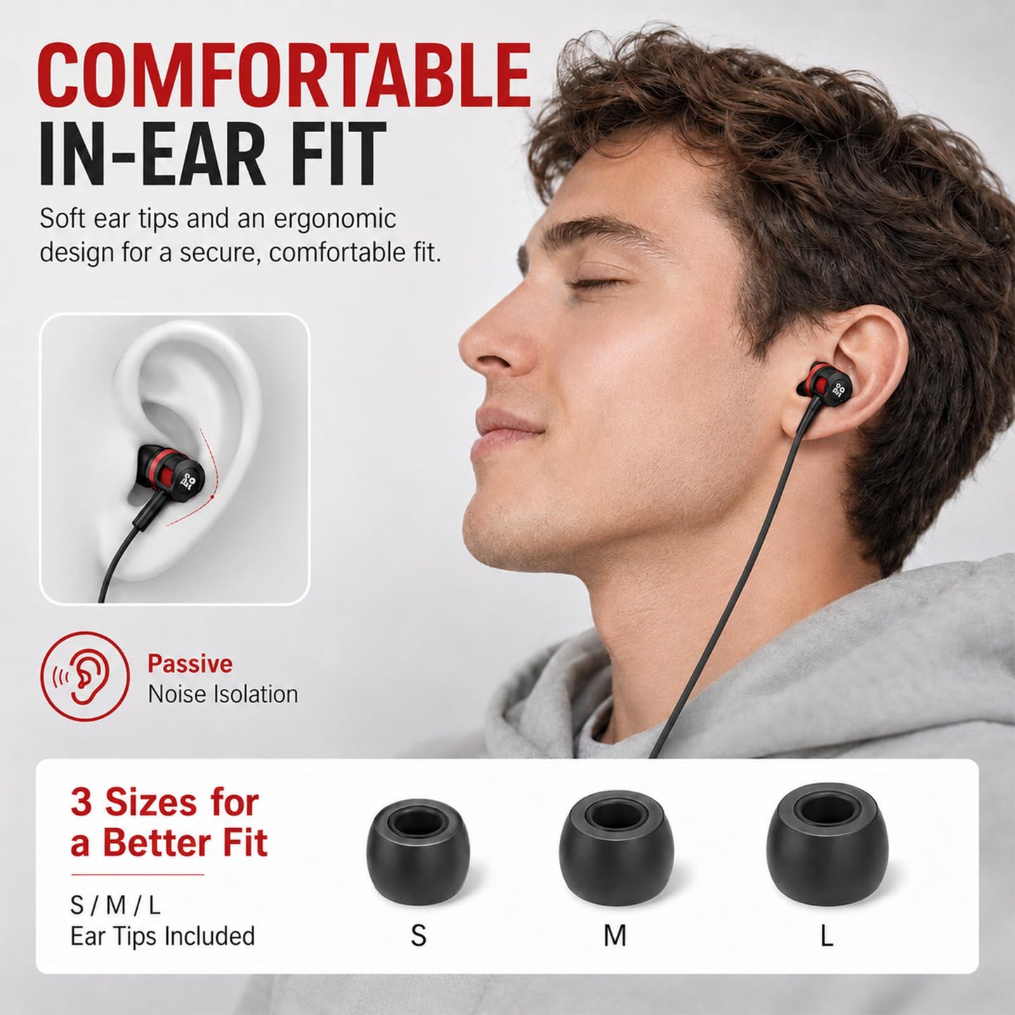 Rosmas Wired Earbuds in-Ear Headphones with Microphone, 3.5mm Jack Corded Earphones Stereo Bass Earbuds, S/M/L Soft Silicone Tips Compatible