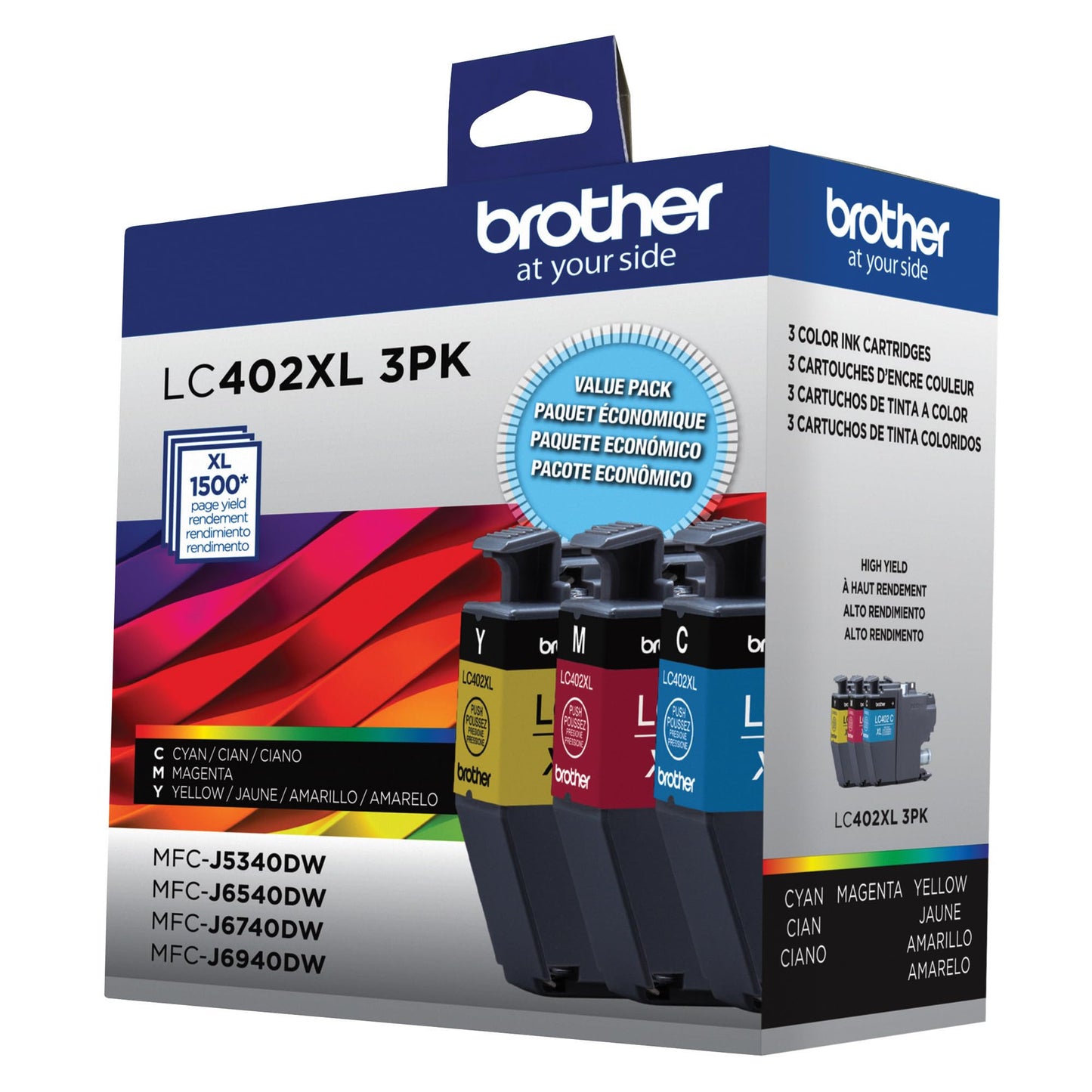Brother Genuine LC402XL 3PK 3 Pack of High Yield Cyan, Magenta and Yellow Ink Cartridges, Black