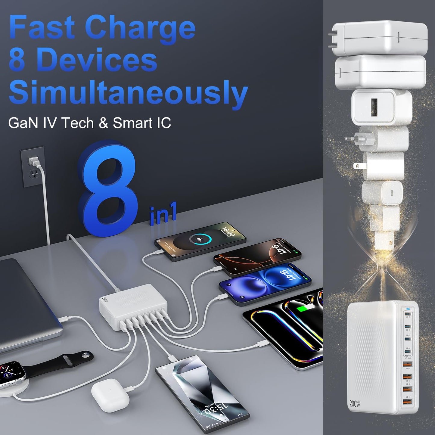 USB C Charger Block 200W Charging Station Hub for Multiple Devices Upgraded GaN III 8-Port PD 65W Fast Laptop Power Adapter for MacBook