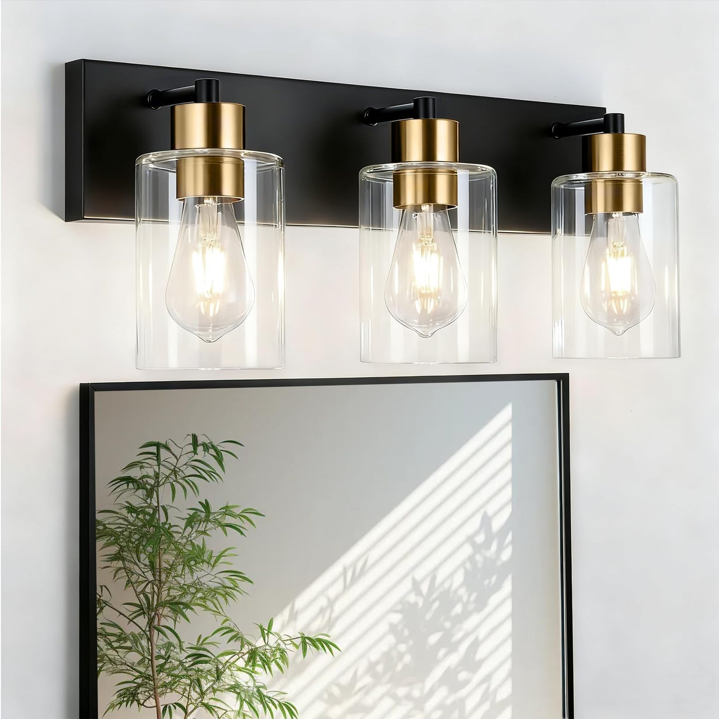 Chosenior 3-Light Black and Gold Bathroom Light Fixtures Over Mirror, Modern Vanity Lights with Clear Glass Shade Wall Sconce Lighting for Bathroom