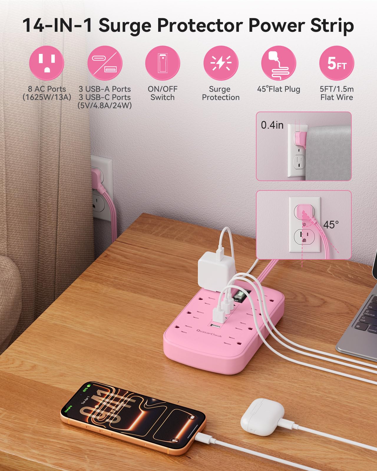 Pink Extension Cord with Surge Protector - 5 FT Kawaii Power Strip, Cute Extension Cord with 6 USB(3 USB C) and 8 Outlets, Pink Desk Accessories