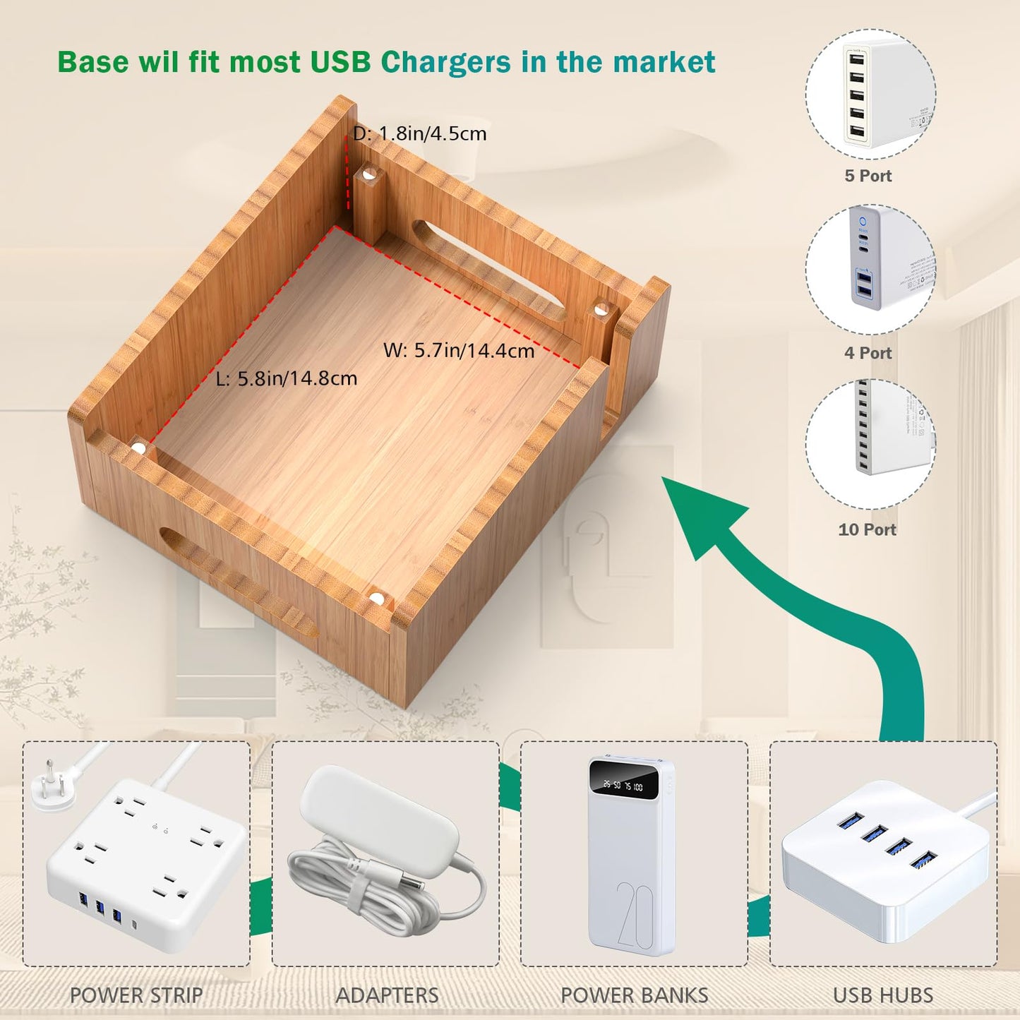 Pezin & Hulin Bamboo Charging Station for Multiple Devices with 5 Port USB Charger,5Cables,Smart Watch&Earbuds Stand, Desk Docking Stations Electronic