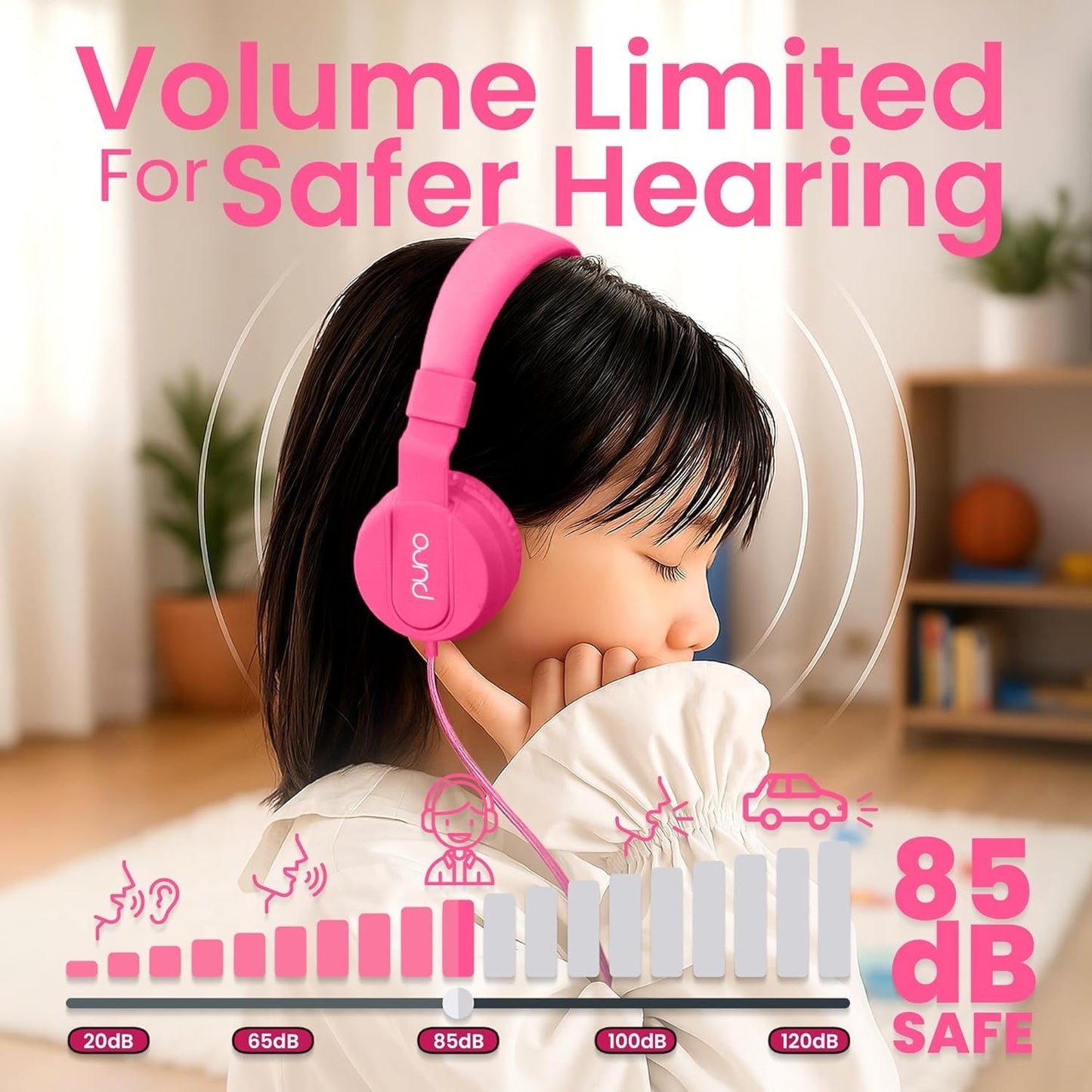 Puro Sound Labs - Kids Headphones, Volume-Limiting 85dB, PuroBasic, Pink