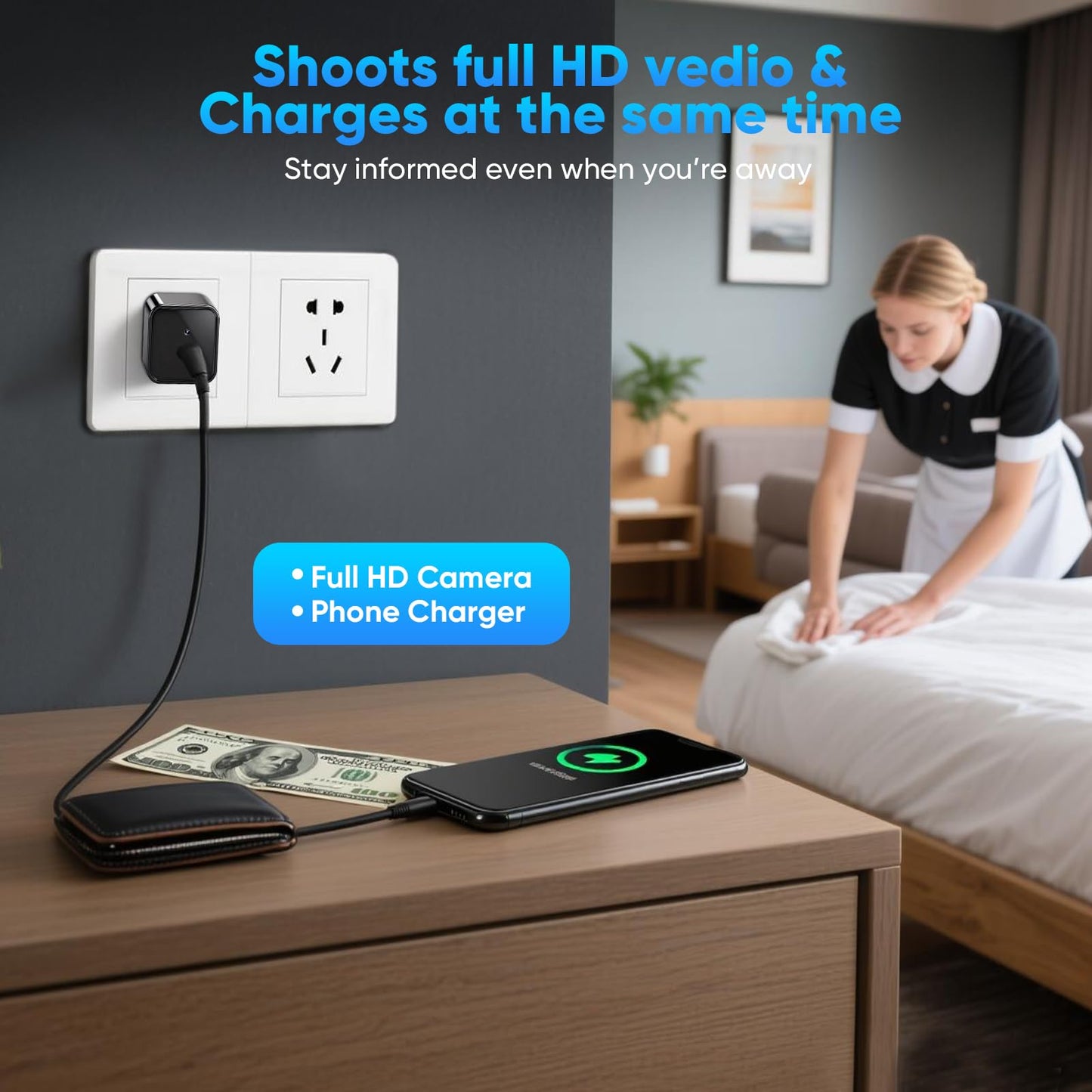 CBHLPLK Mini Camera with 64G Card 1080P Small Security Camera Charger with Motion Detection for Indoor (No WiFi)