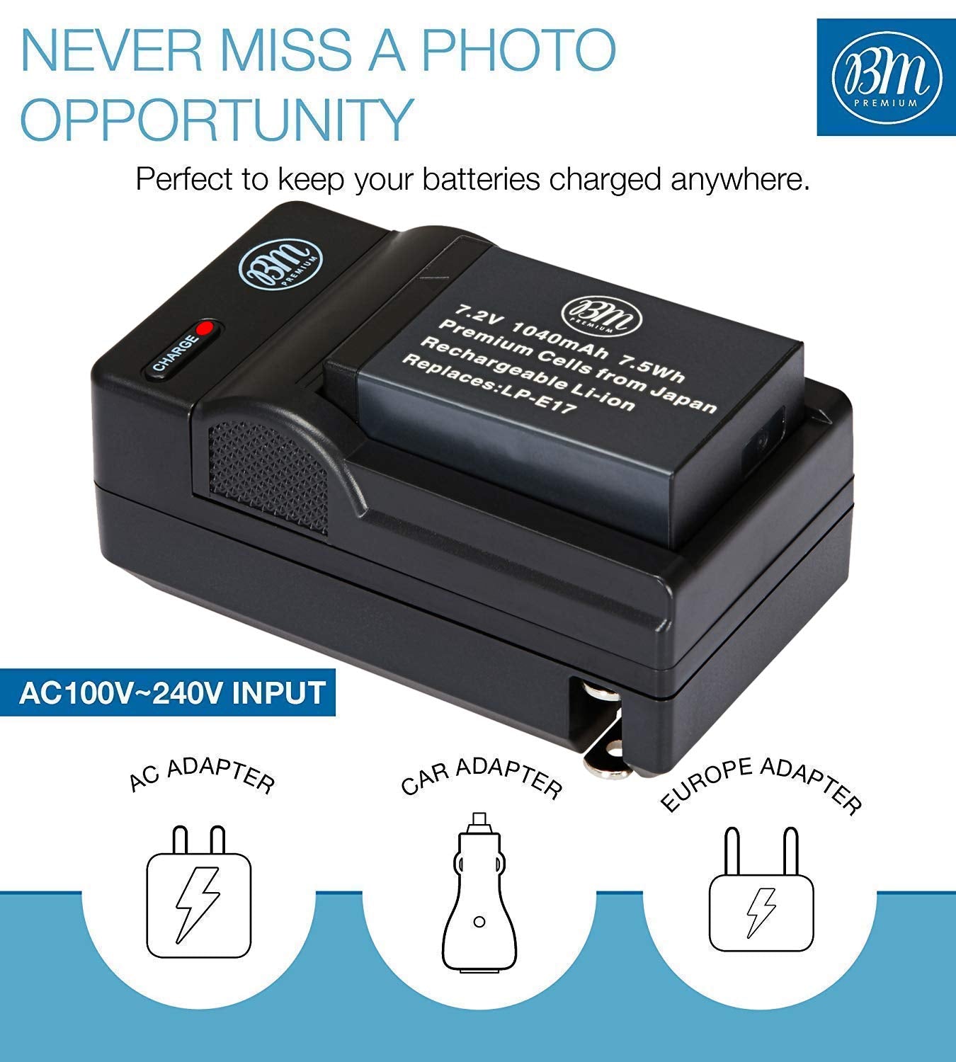 BM LP-E17 Battery Charger for Canon LC-E17, PowerShot V1, Rebel EOS R8, EOS R10, EOS R50, EOS R50 V, EOS R100, EOS RP, EOS M3, EOS M5, EOS M6, EOS M6