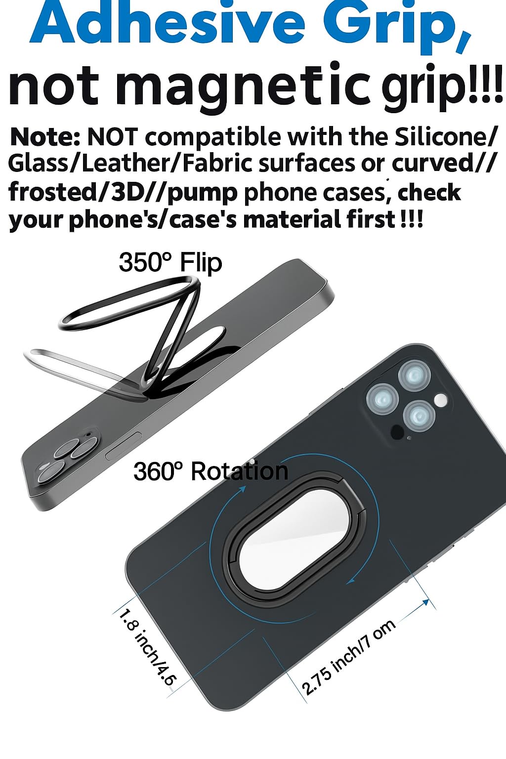 Phone Holder Foldable Phone Stand Phone Ring Holder Finger Kickstand 360° Rotation Cell Phone Stand Metal Phone Grip for Magnetic Car Mount Sticky