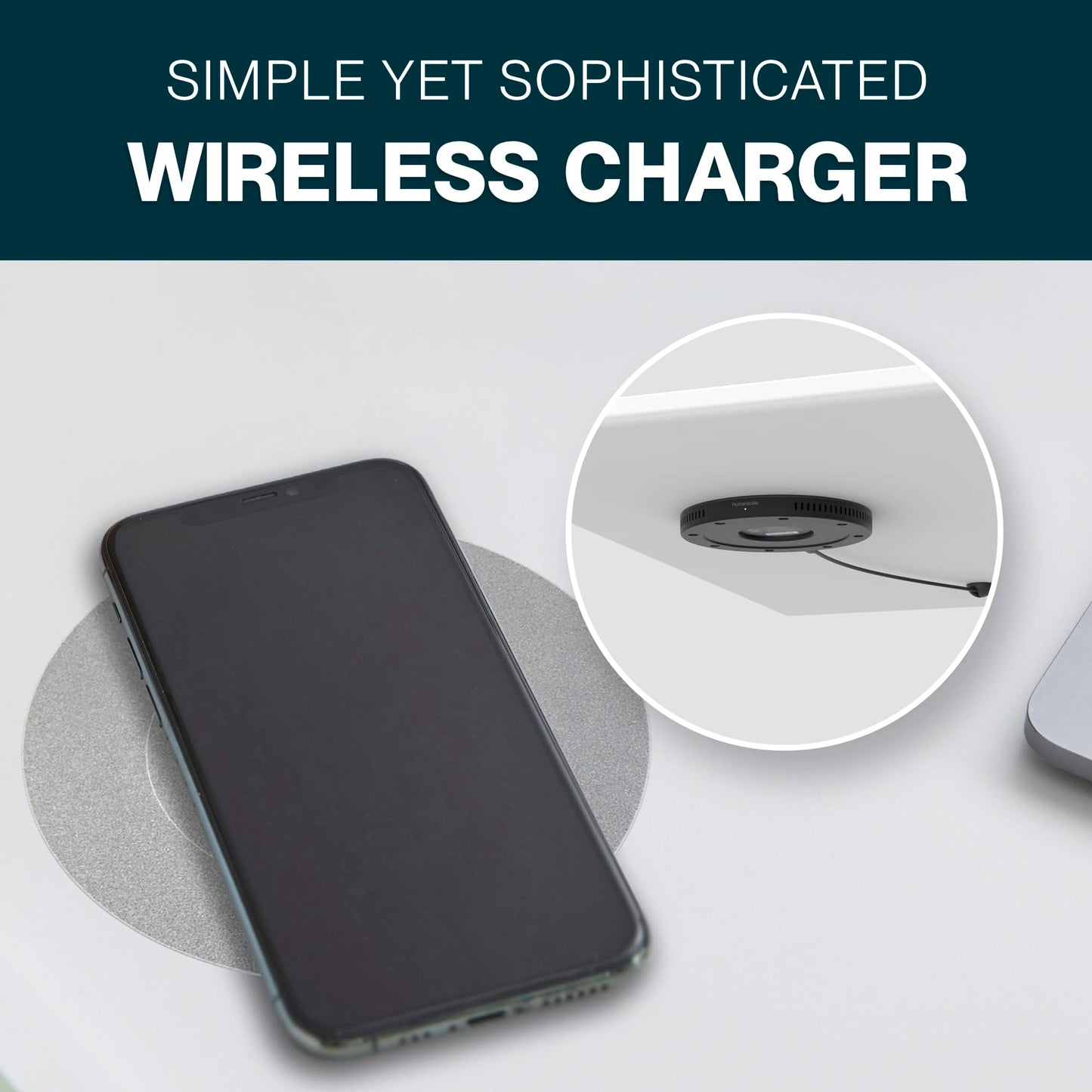 Humanscale Under Desk Wireless Charger, 10W Qi Compatible Under Table Wireless Charger, Versatile Invisible Wireless Charger, Touchless Under Desk