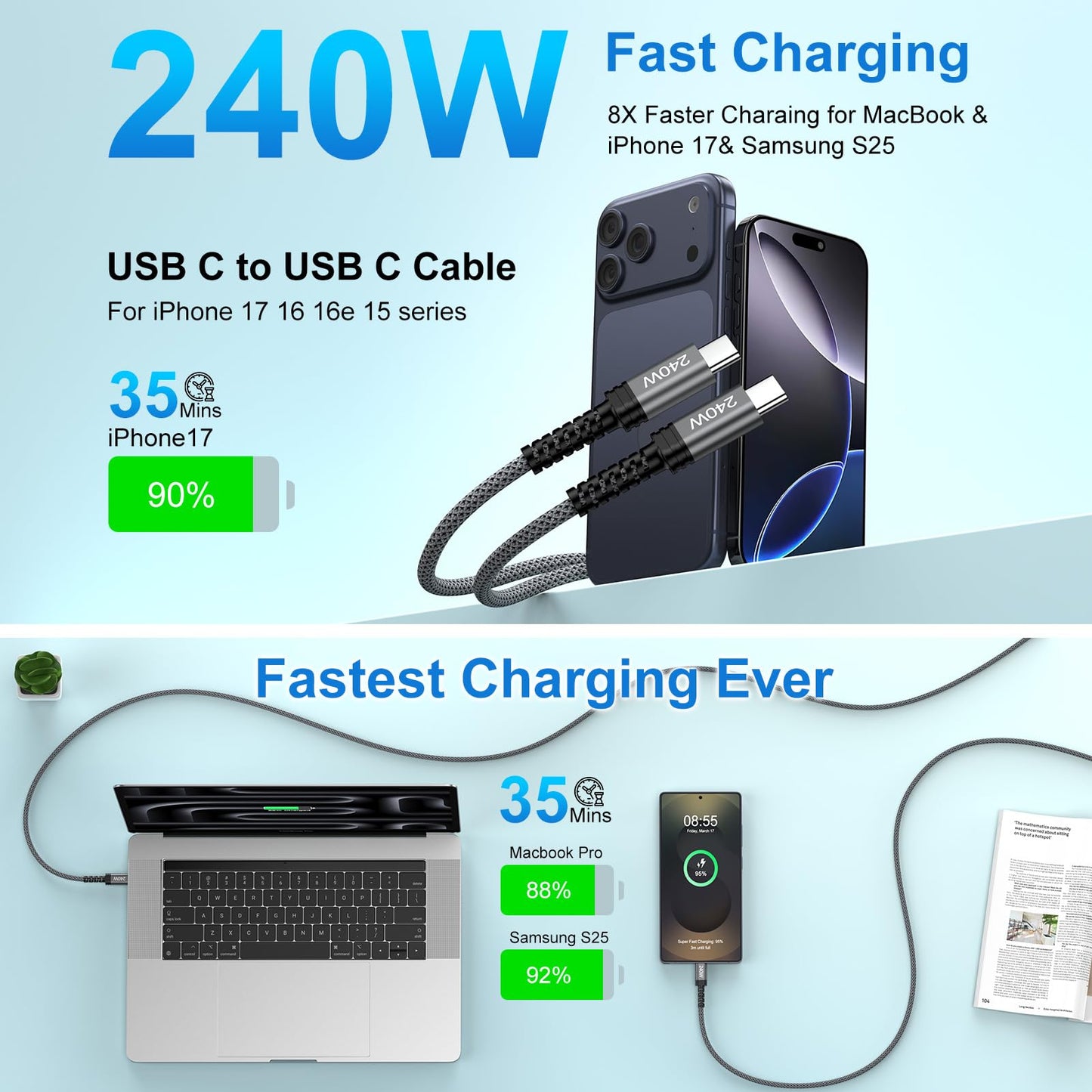 for Samsung A17 Charger Cable USB C to USB C Cable, 6FT 240W Super Fast USBC Charging Cord Android Phone Car Charger Cord for Samsung Galaxy S25 Ultra
