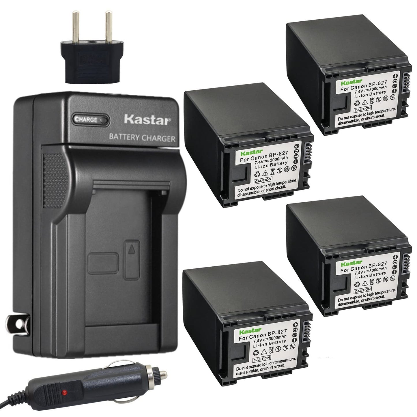 Kastar BP-827 Battery 4-Pack and Charger for Canon VIXIA HF200, HF G10, HF M30, HF M31, HF M32, HF M40, HF M41, HF M400, HF S10, HF S11, HF S20, HF