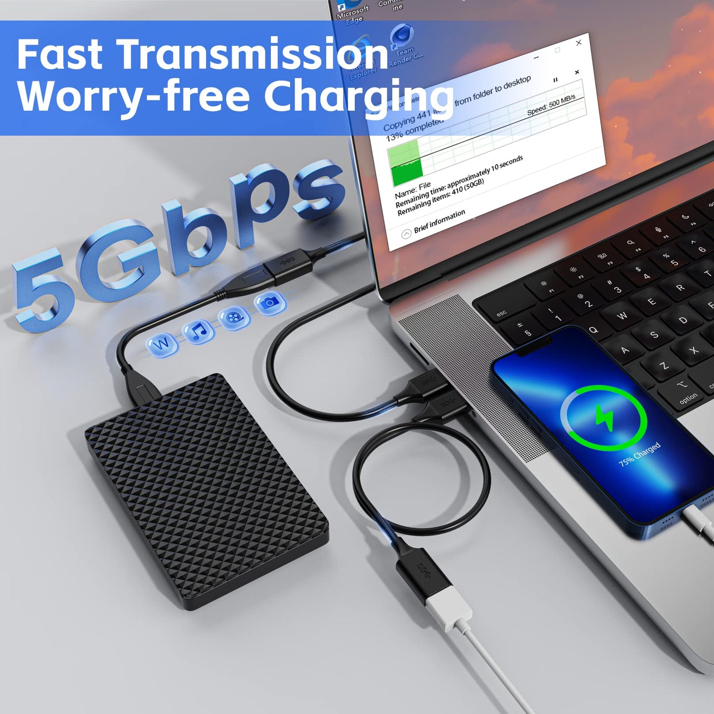USB 3.0 Extension Cable - 1FT (2 Pack), USB A Male to Female, Compatible for Flash Drive, Hard Drive, Card Reader, Webcam, Printer, Keyboard, Mouse