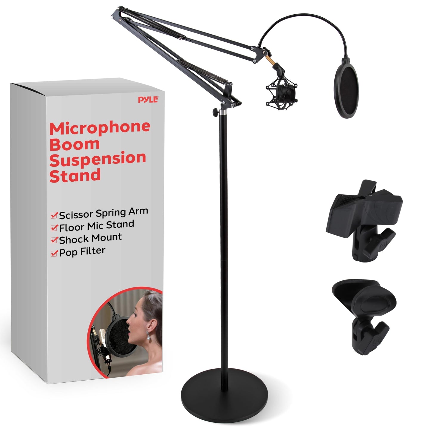Pyle Microphone Boom Suspension Stand - Scissor Arm Mic Mount w/Shock Mount, Integrated Pop Filter, 3.1' ft. Max Extension, Suitable for Podcast