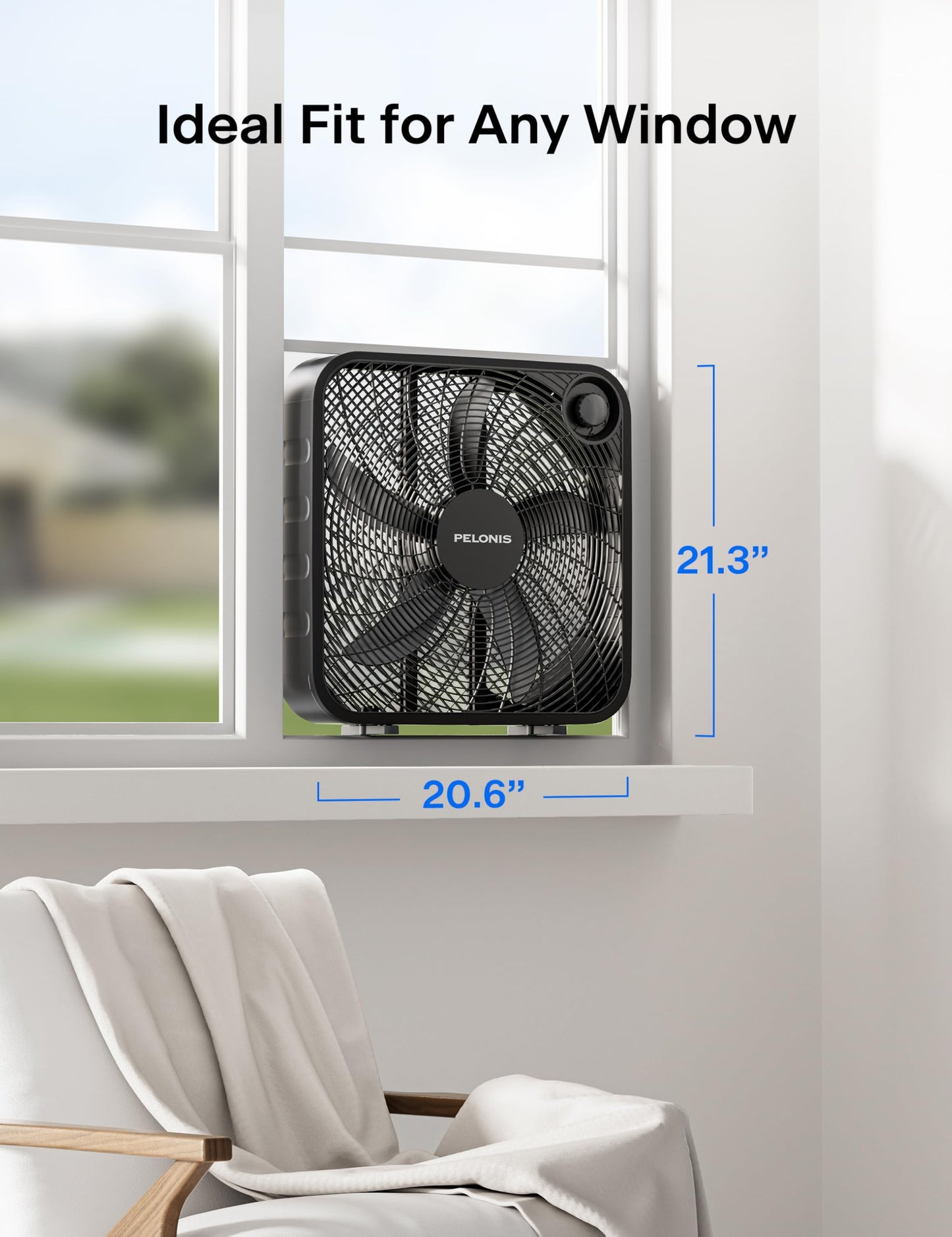 PELONIS 20 Inch Box Fan for Bedroom- 3 Speeds, 25ft/s, Floor Fan, Window Fan, Table Fan, Desktop Fan with Superior Air Throw (2295 CFM), Lightweight