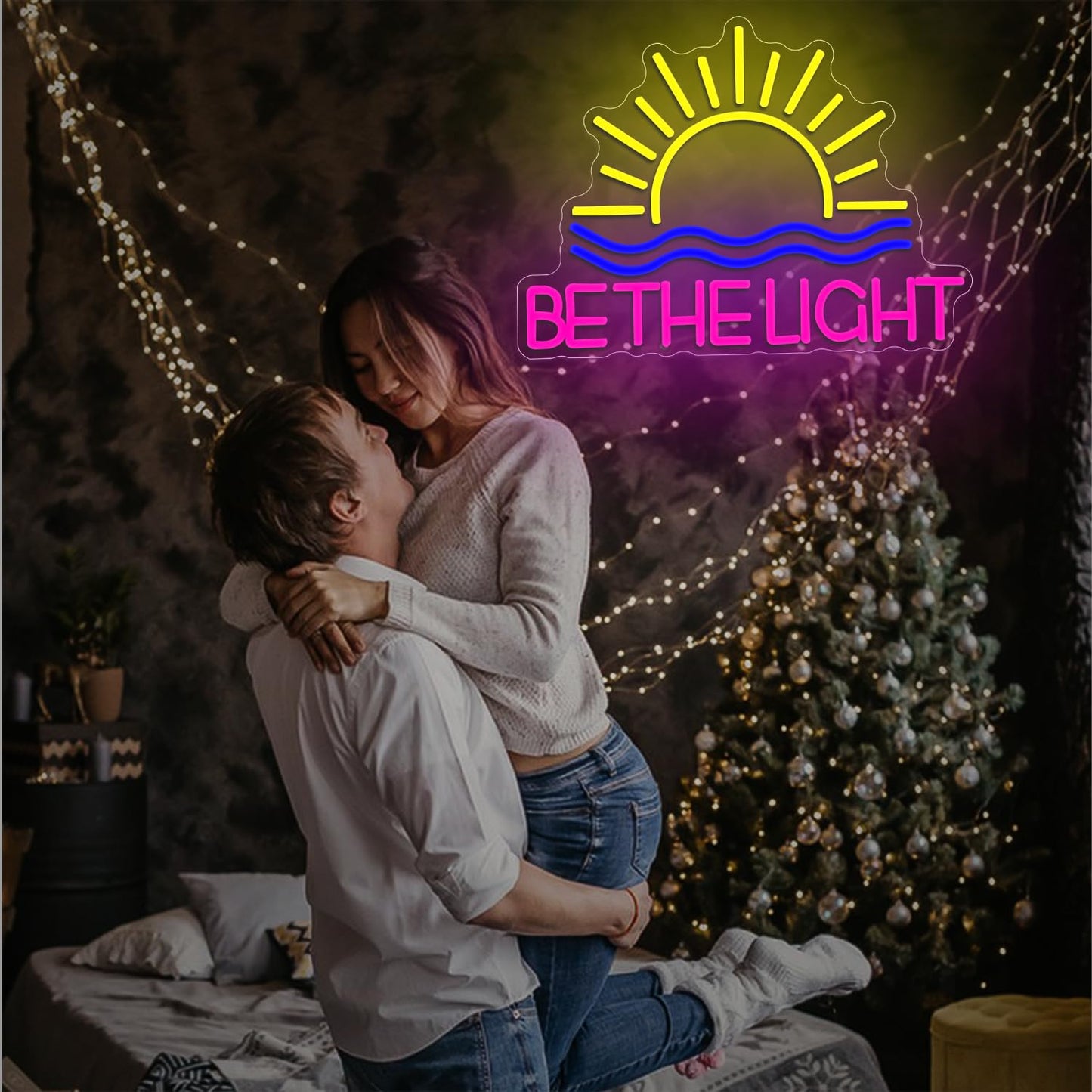 Be The Light Neon Sign Yellow Sunrise Neon Light Inspirational Letter Neon Light Up Sign Boho Wall Art LED Light Sign for Party Birthday Home Bedroom