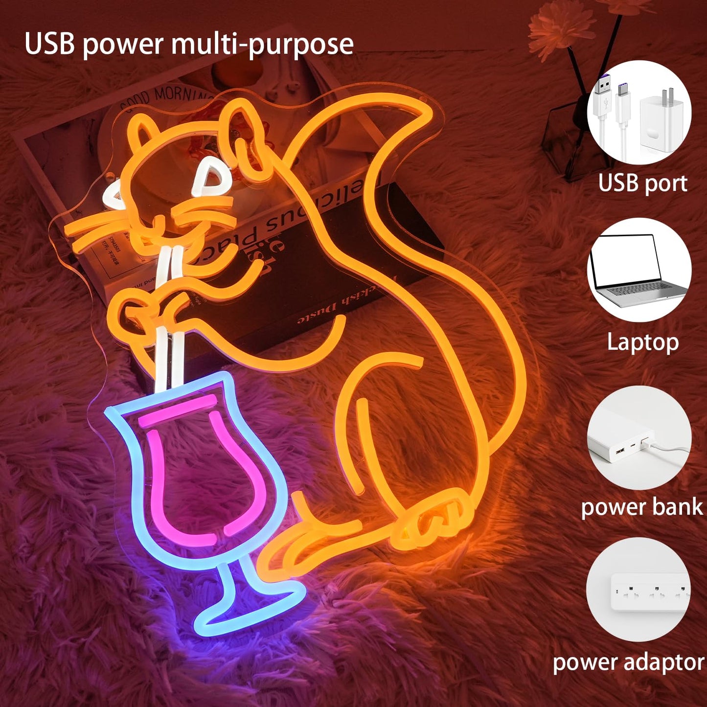 Squirrel Cocktail Neon Sign for Wall Decor Orange Squirrel Neon Light Bar LED Signs Animal LED Light for Bedroom Man Cave Business Club Game Room