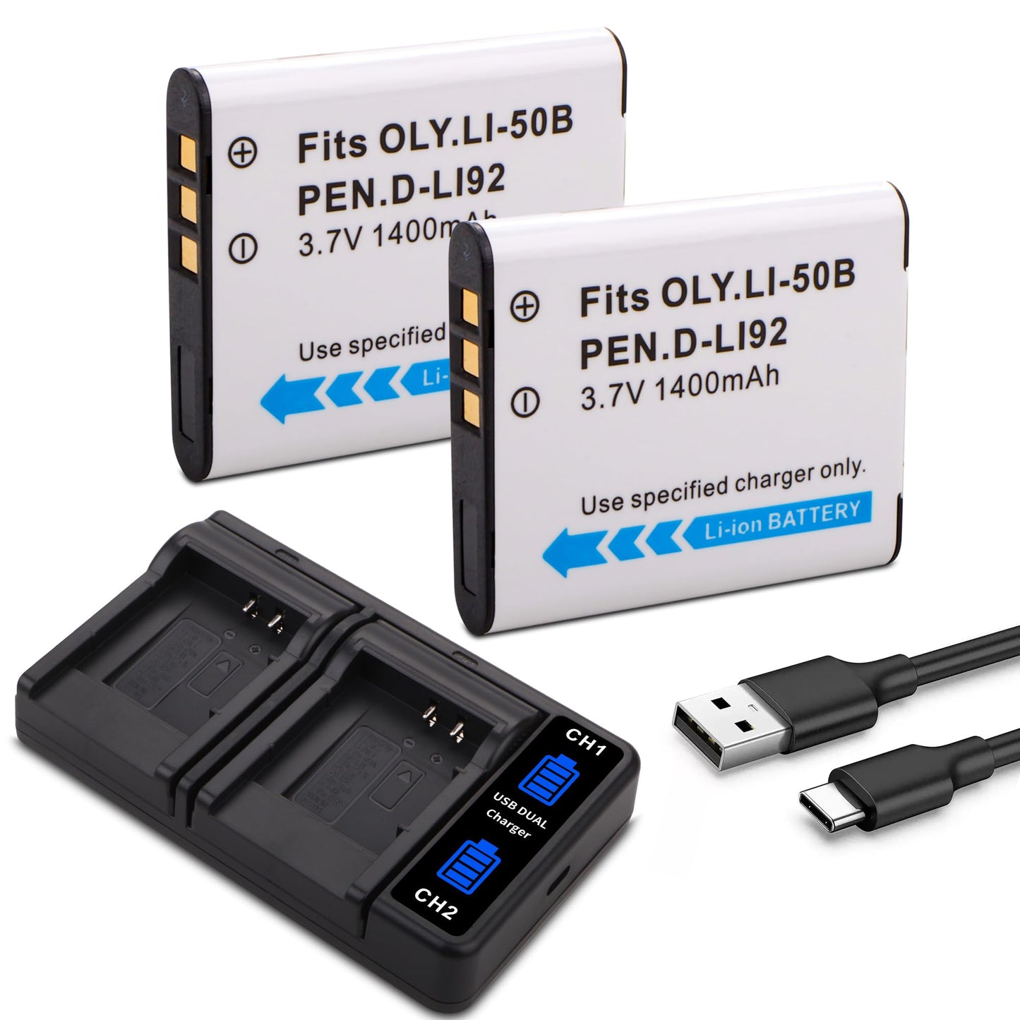 D-LI92 Li-50B 2-Pack 1400MAH Battery with Quick LED Dual USB Charger Compatible for Olympus Stylus 1010 1020 1030SW VR-340 Tough 6000 6020 8000 8010