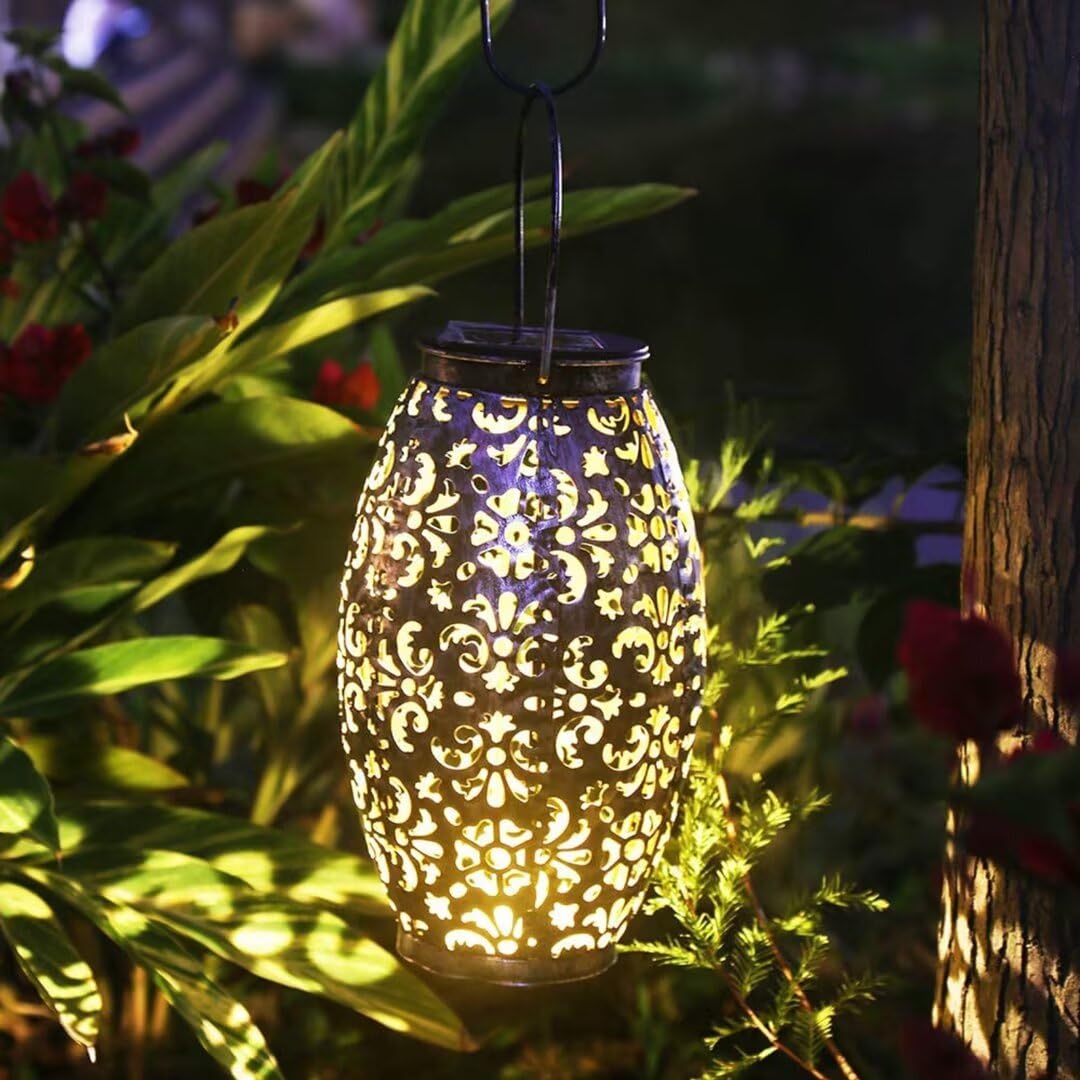 Kaixoxin 2 Pack Solar Lantern Lights for Hanging or Table Outdoor Solar Light for Patio Courtyard Garden (Silver-2pack)