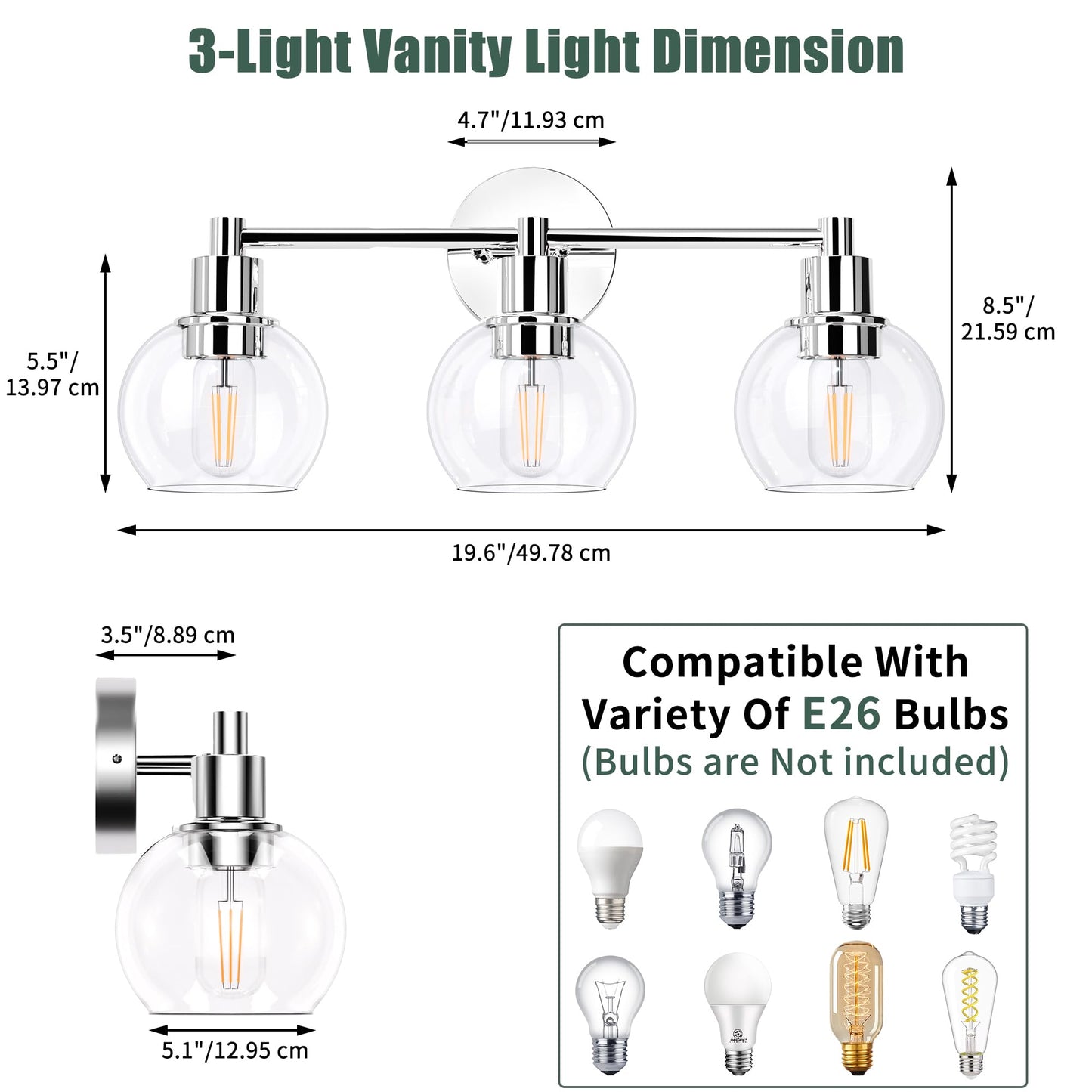 Espird 3 Lights Bathroom Vanity Light Fixtures Chrome, Bathroom Lights Over Mirror, Industrial and Farmhouse 3 Light Wall Sconce, Polished Chrome